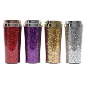 480ML Glitter Double Wall Plastic Tumbler with Flip Lid