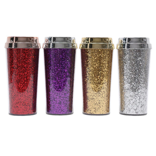 480ML Glitter Double Wall Plastic Tumbler with Flip Lid