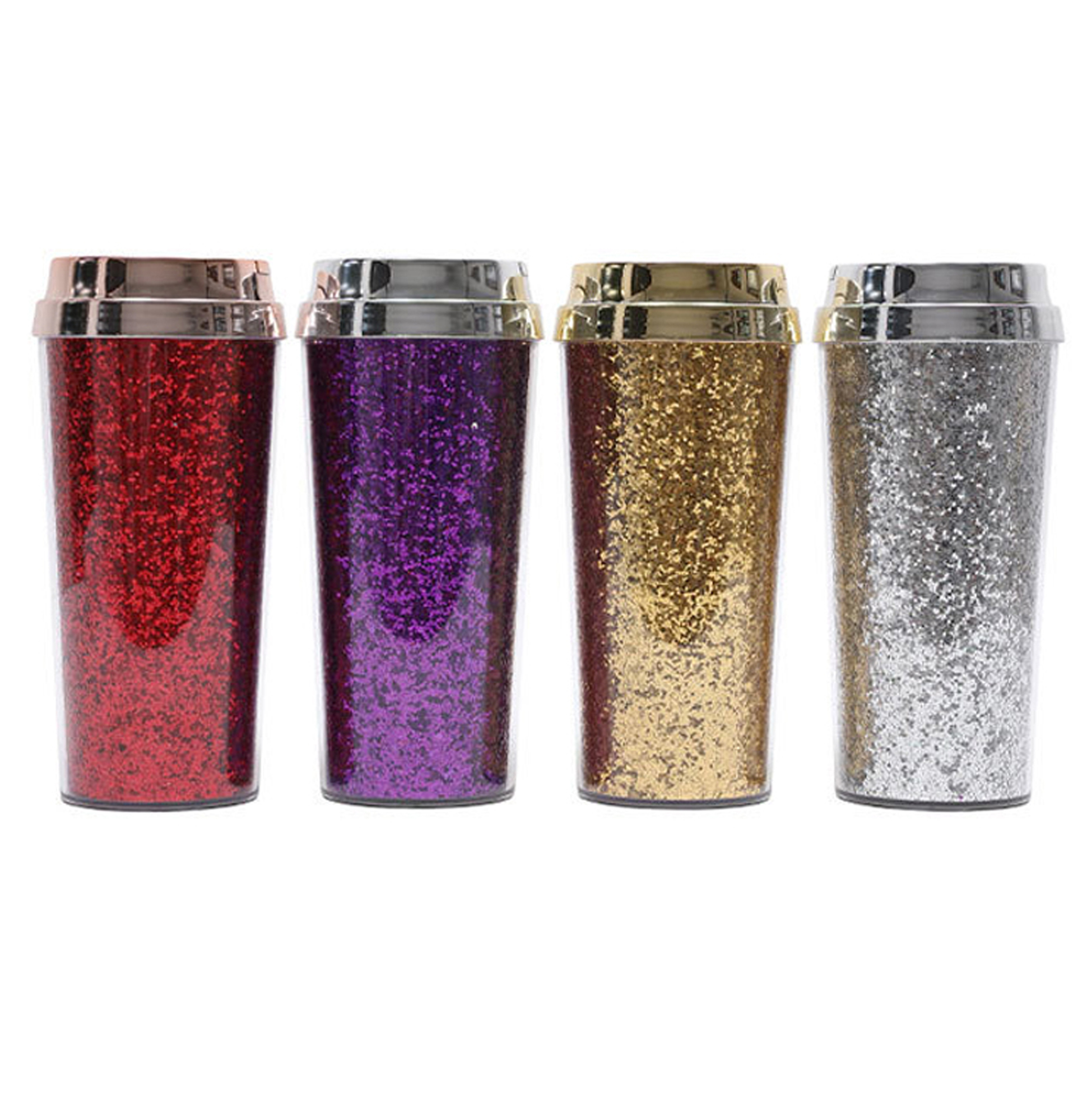 480ML Glitter Double Wall Plastic Tumbler with Flip Lid