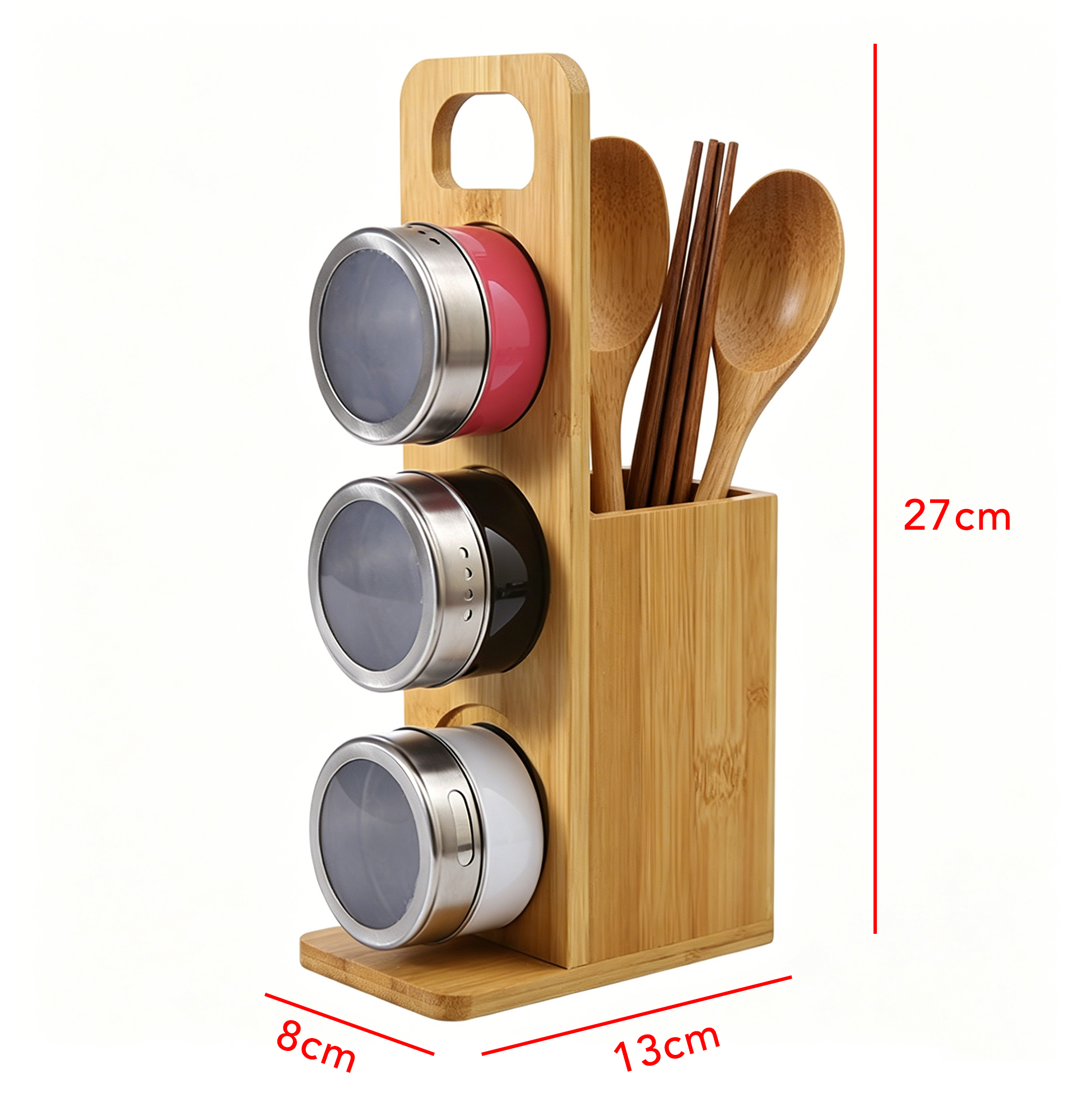 Bamboo Kitchen Utensil Holder with Magnetic Spice Jars, 2-in-1 Countertop Organizer