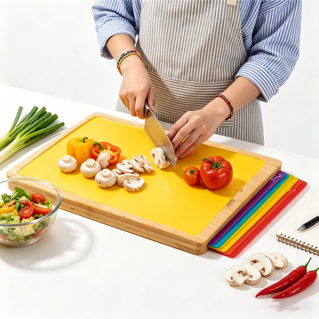 Bamboo Cutting Board with 8 Color-Coded Mats