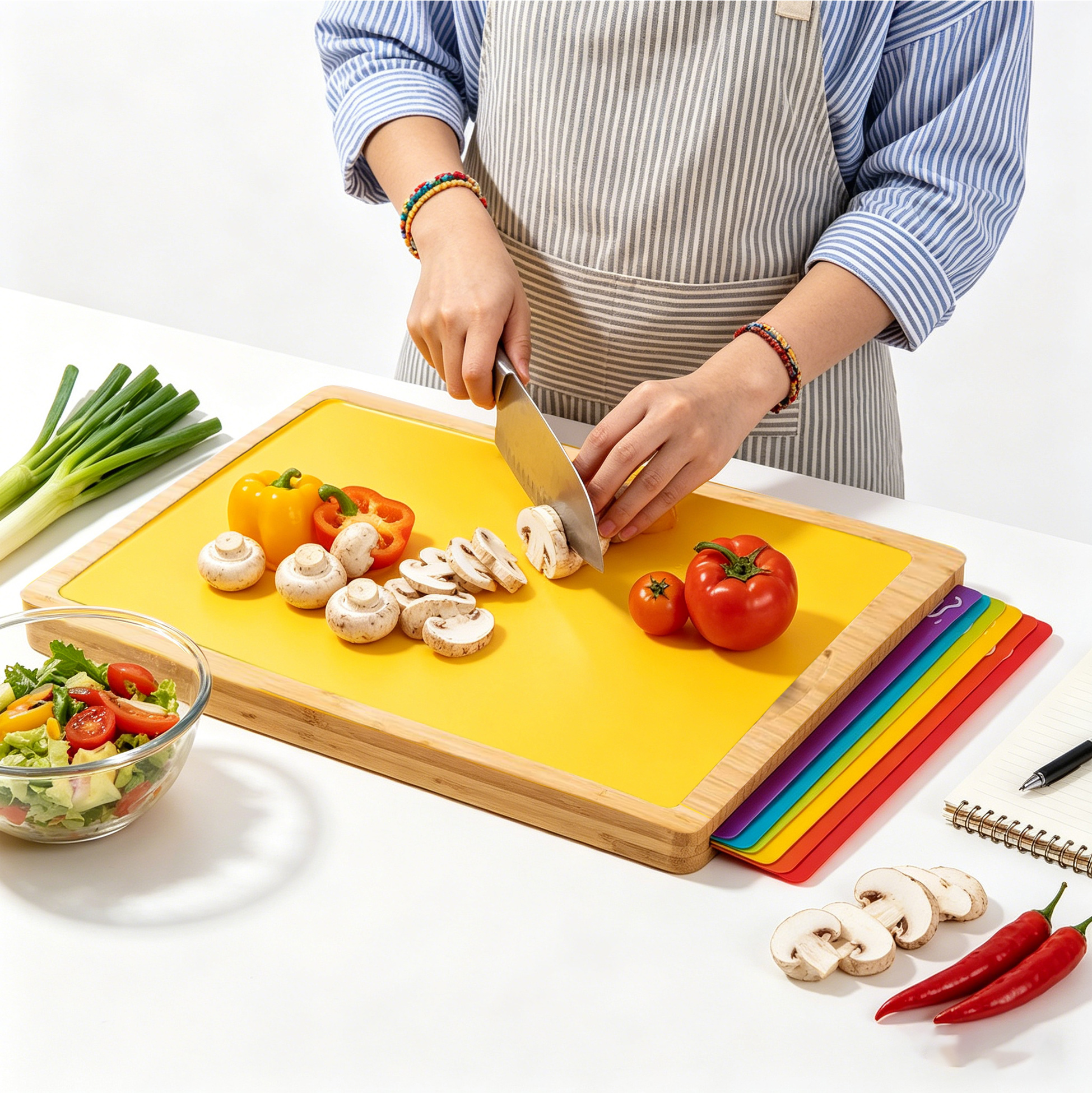 Bamboo Cutting Board with 8 Color-Coded Mats