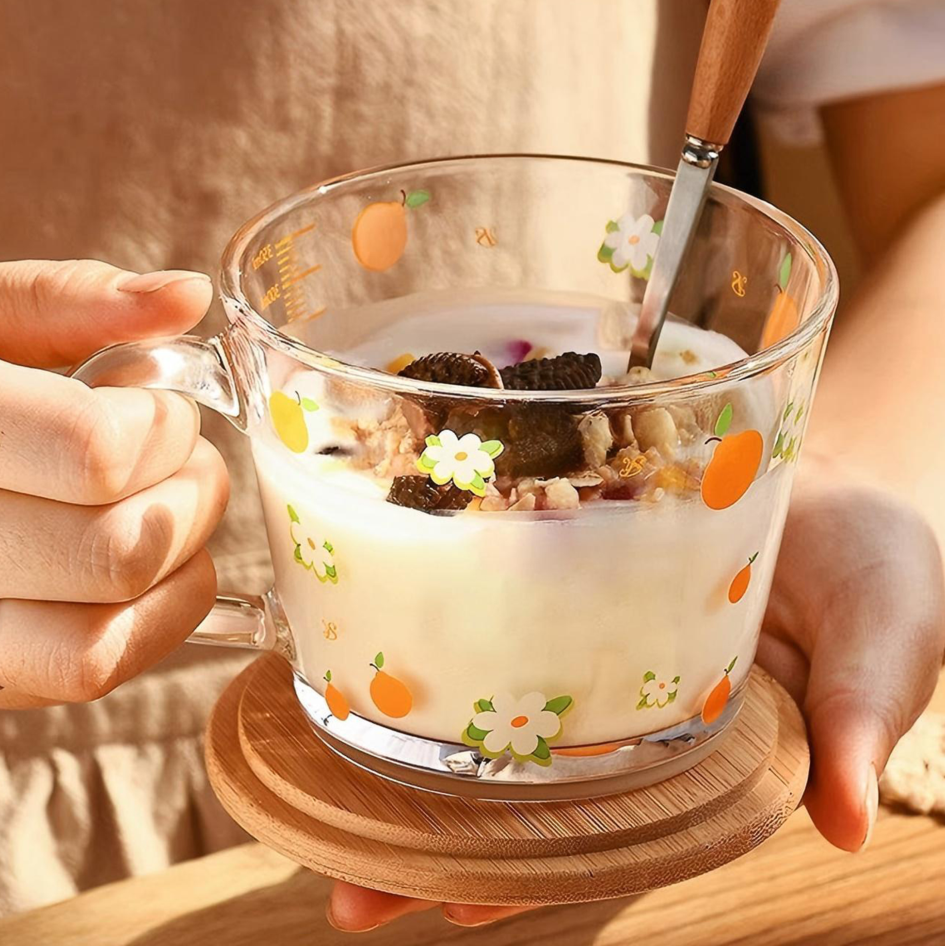 Orange Floral Pattern Measuring Glass Cup