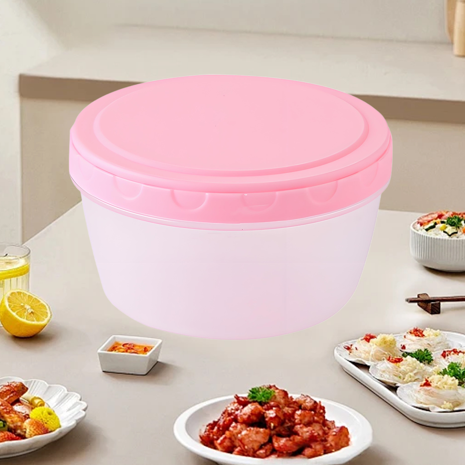 Round Plastic Food Storage Container with Pink Lid