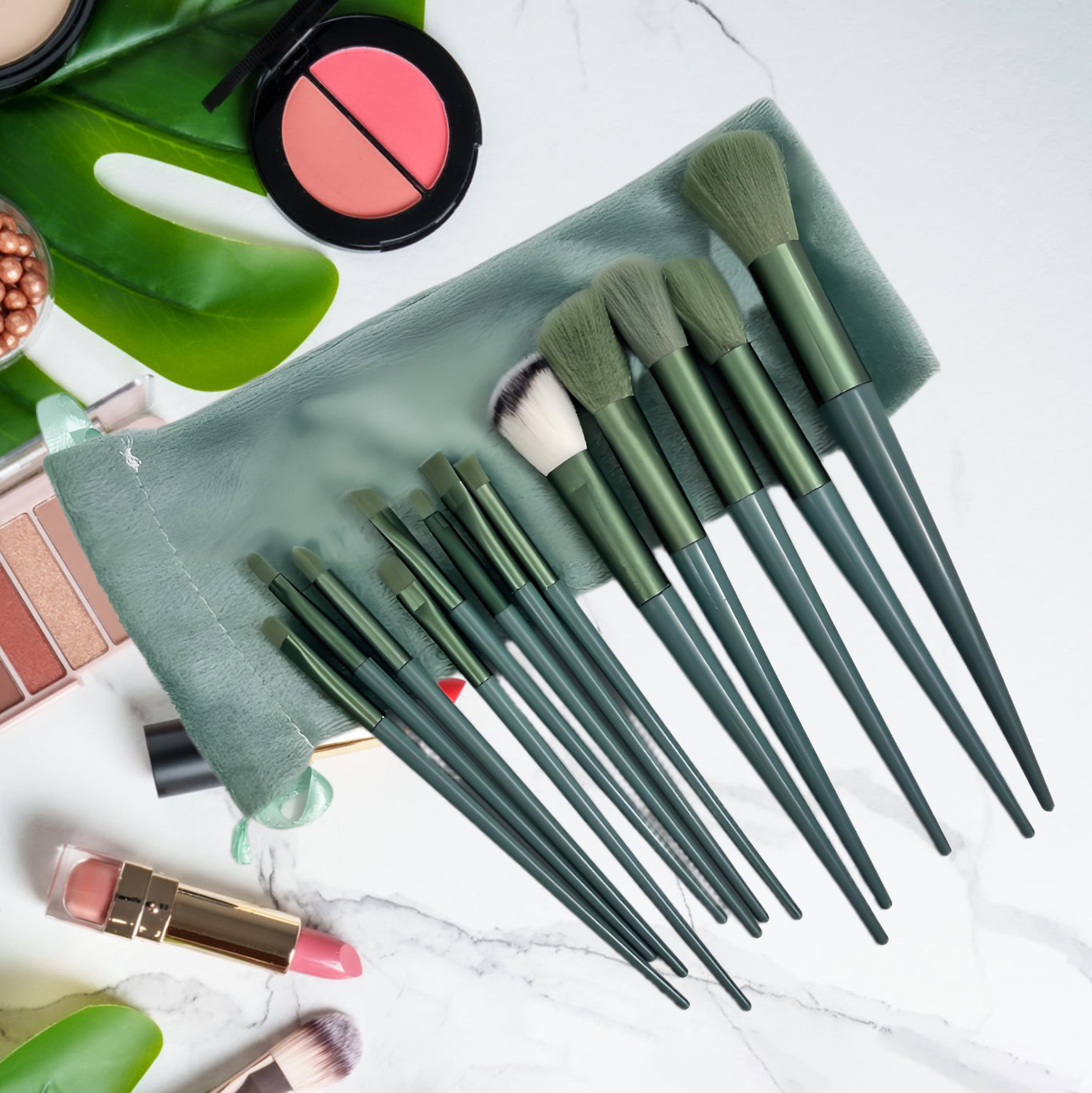 13 Piece Green Makeup Brush Set with Pouch