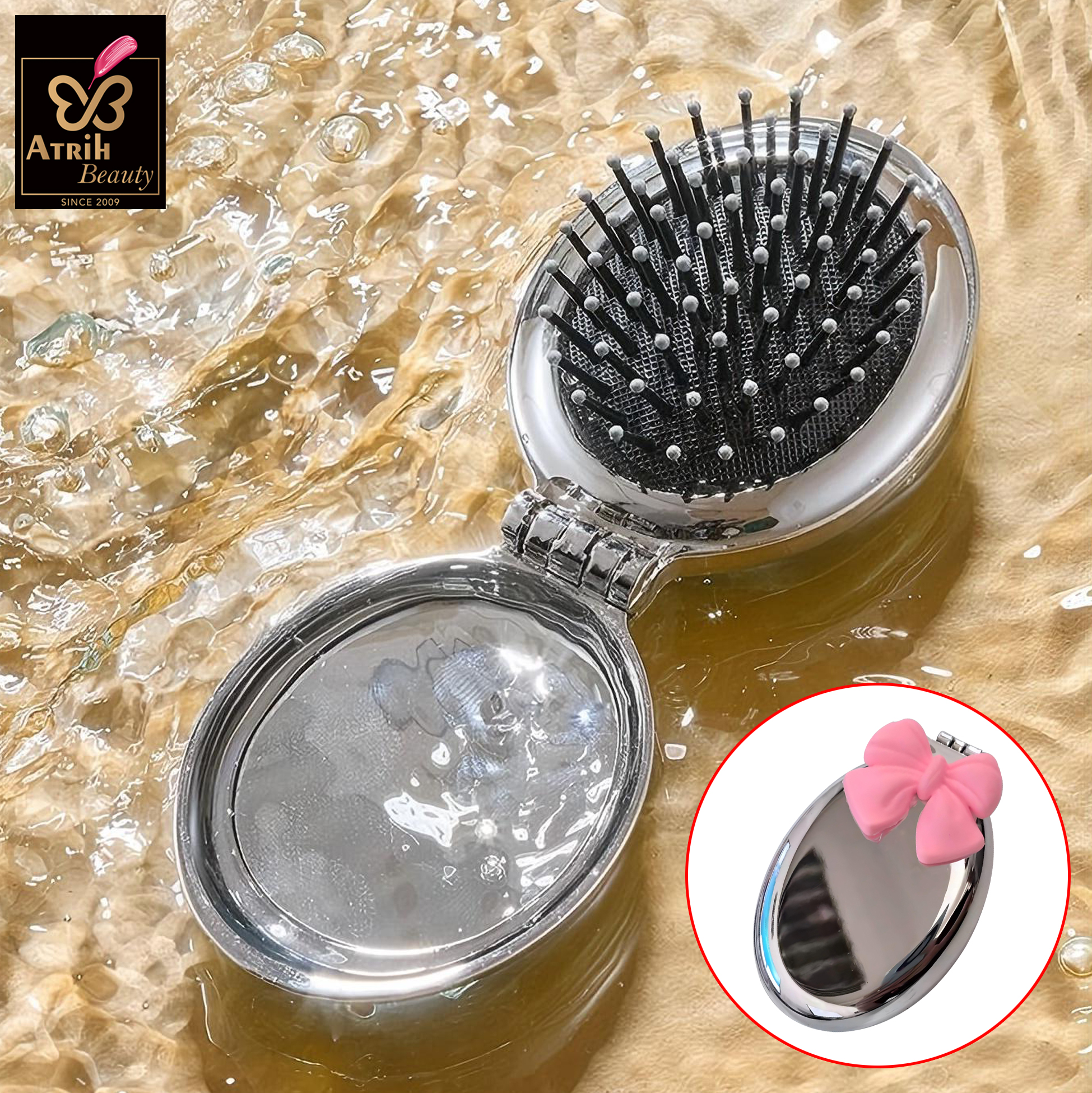 Oval Compact Mirror with Integrated Brush