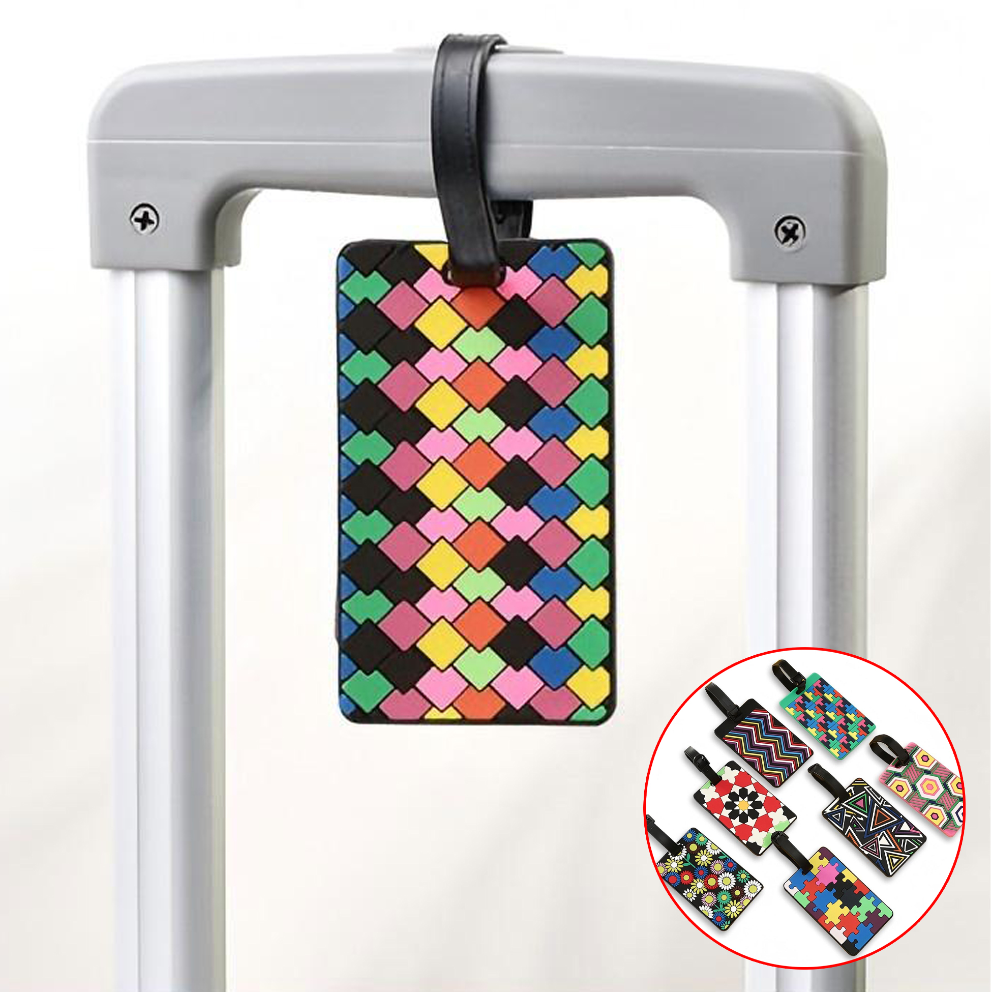Colorful Patterned Luggage Tags with Black Strap