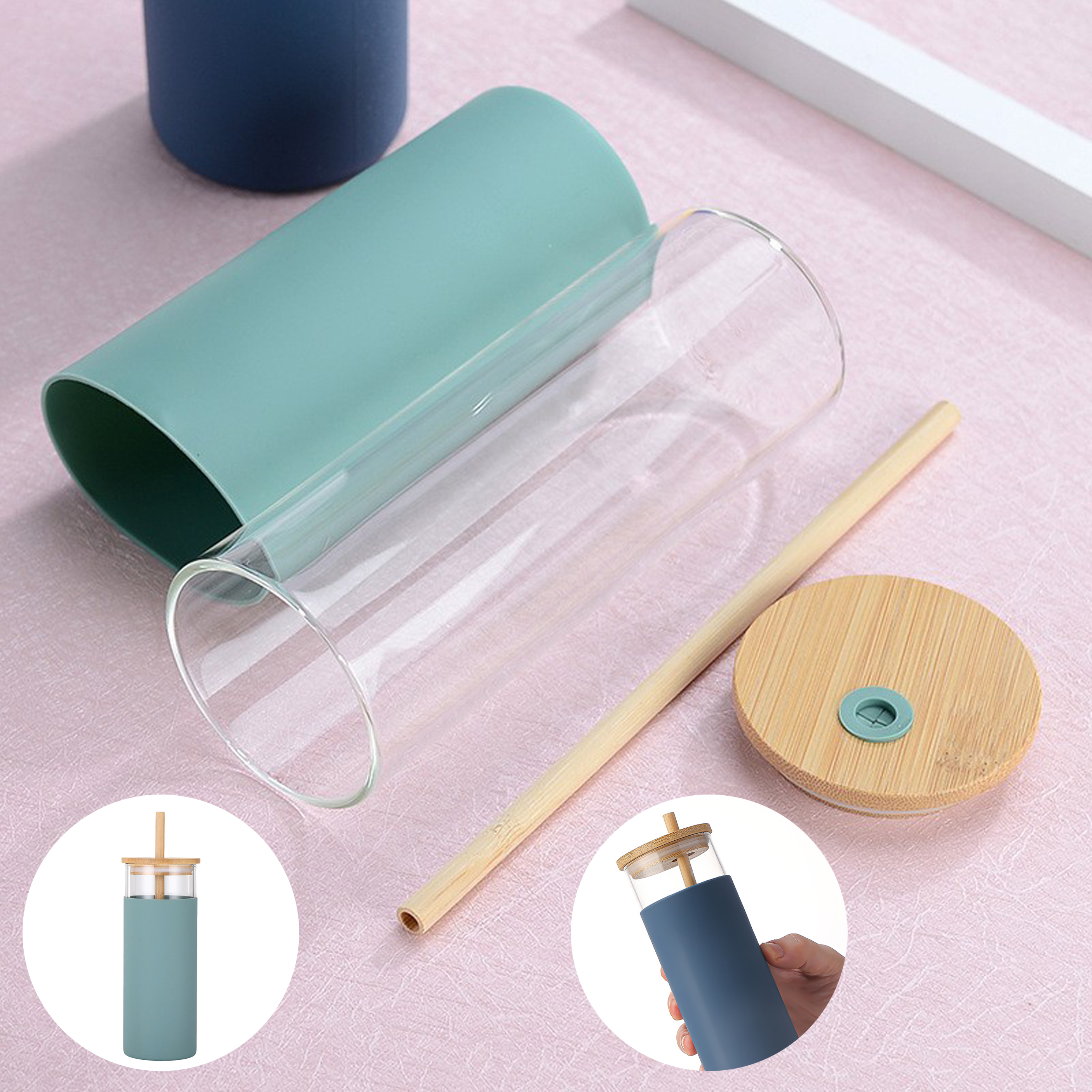 Glass Tumbler with Straw And Lid Bamboo Silicone Protective Sleeve