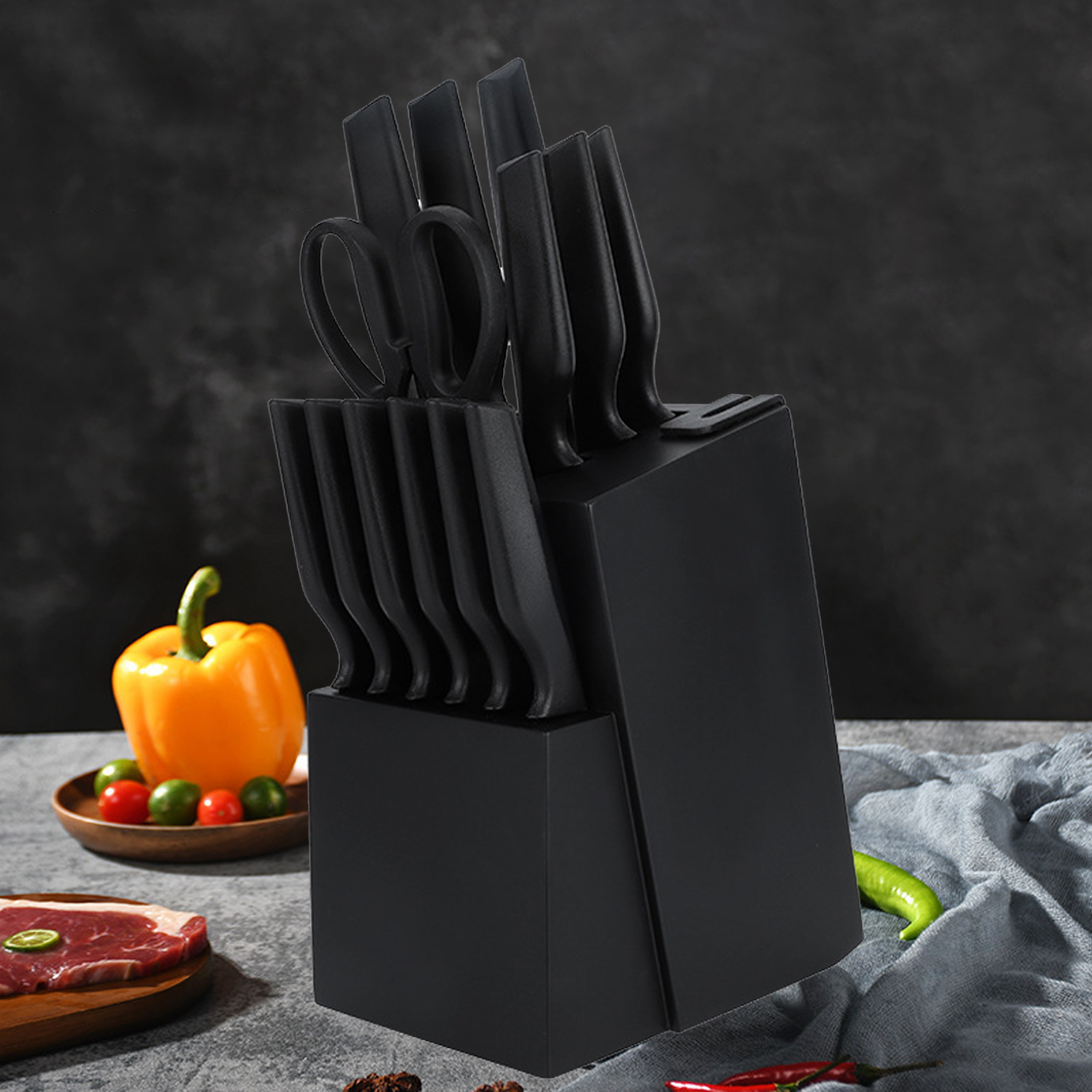 17 - Piece Black Kitchen Knife Set with Block And Shears