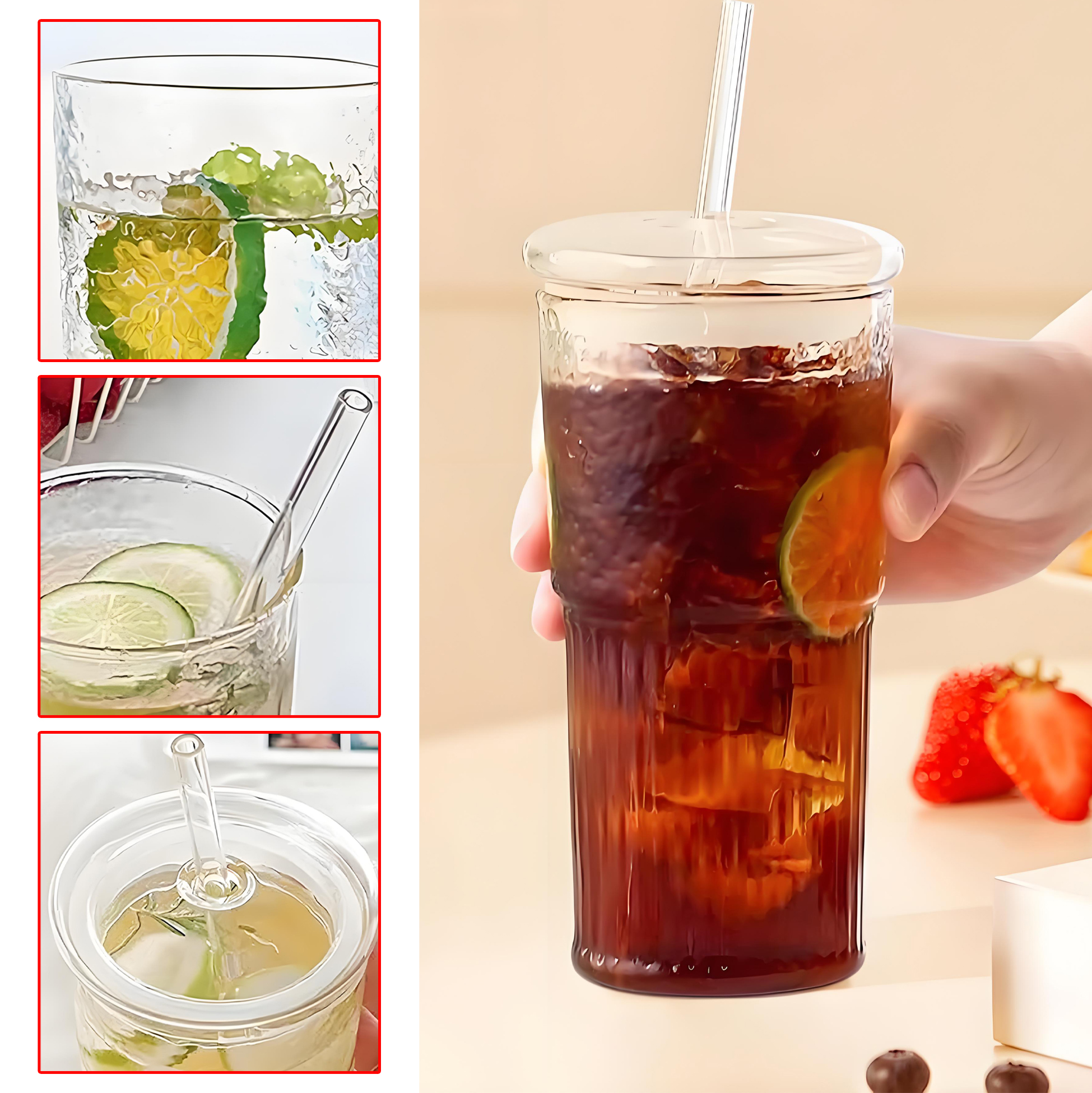 650ML Ribbed Glass Tumbler with Straw and Lid