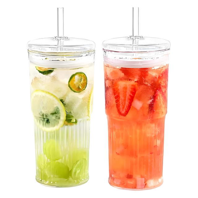 650ML Ribbed Glass Tumbler with Straw and Lid