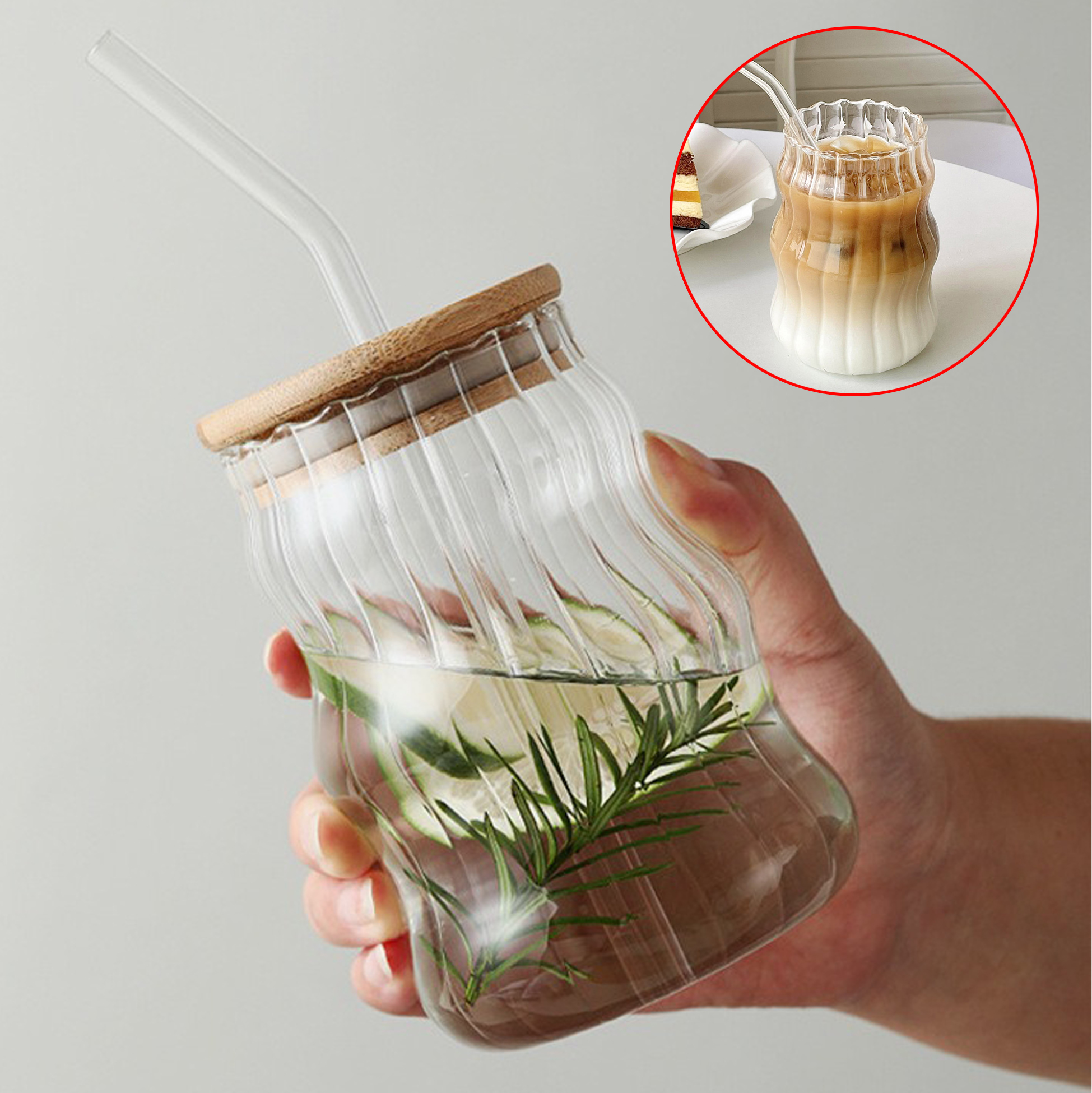 Wave - Design Glass Tumbler with Bamboo Lid and Straw