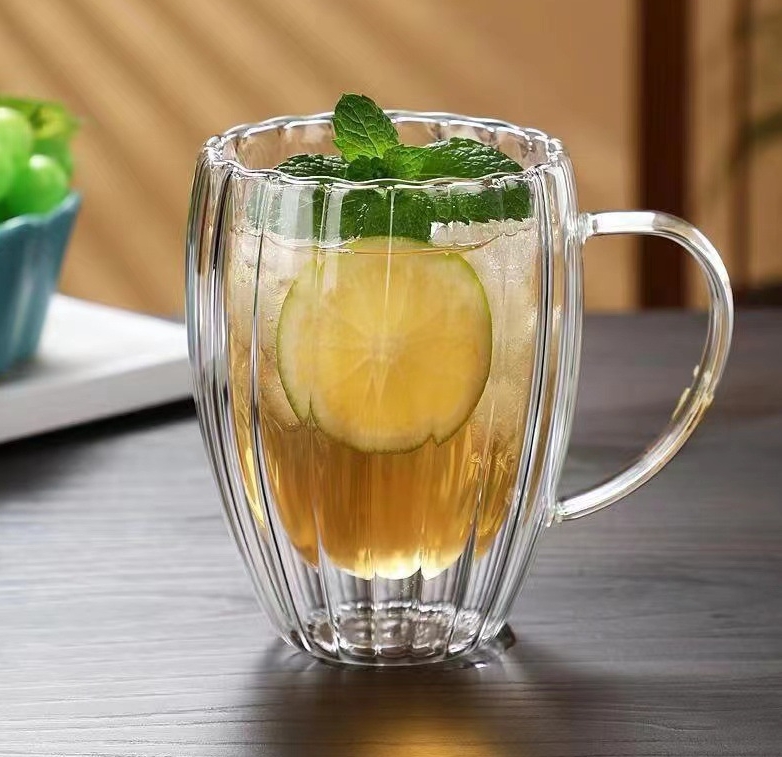 Double Walled Ribbed Glass Mug with Handle