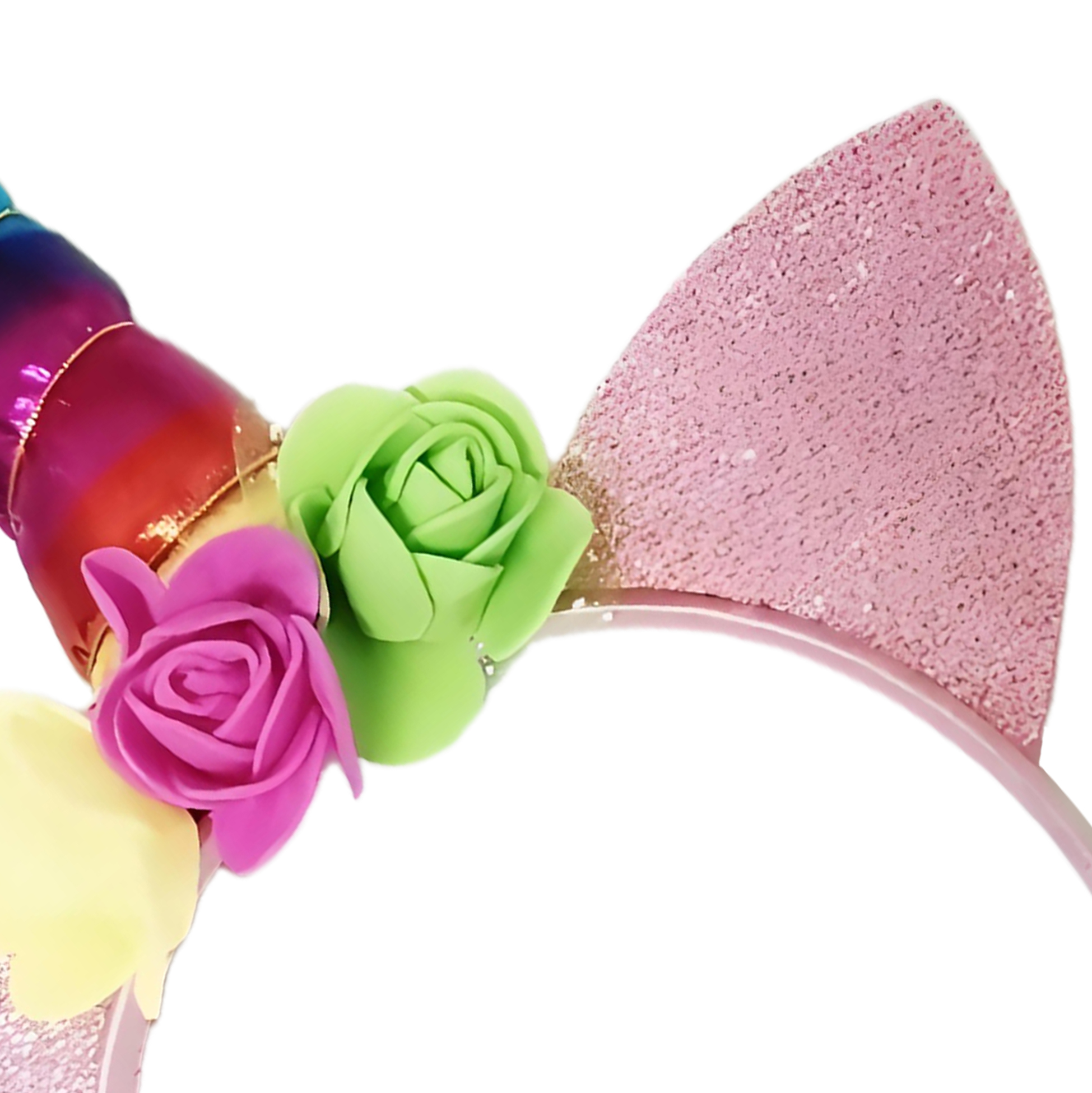 Rainbow Unicorn Headband with Glitter Ears and Flowers