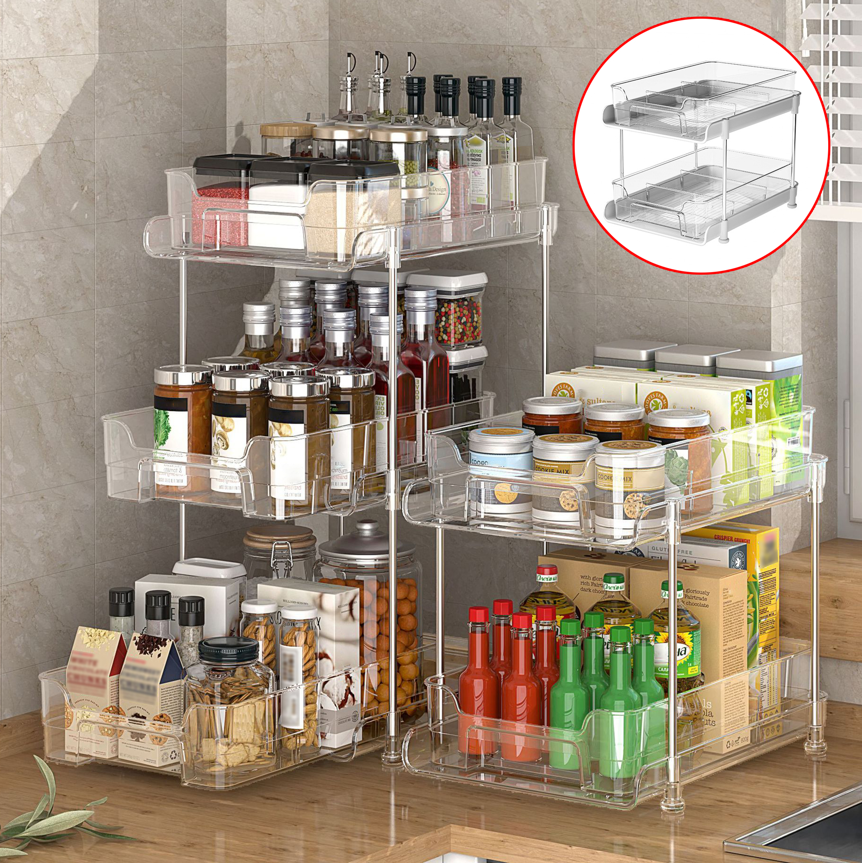 2 - Tier Clear Plastic Slide - Out Cabinet Organizer
