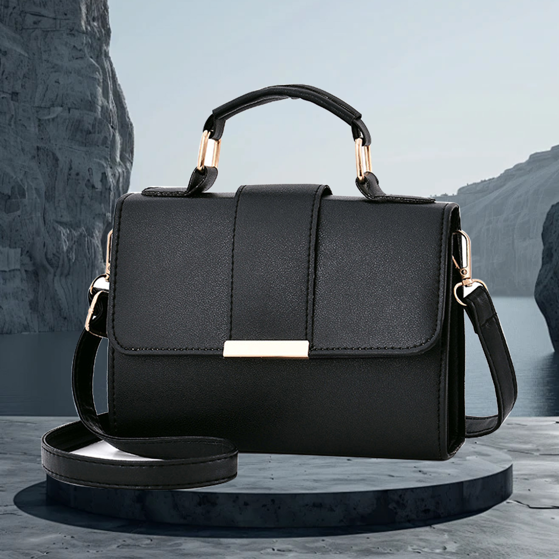 Black Leatherette Structured Satchel Handbag