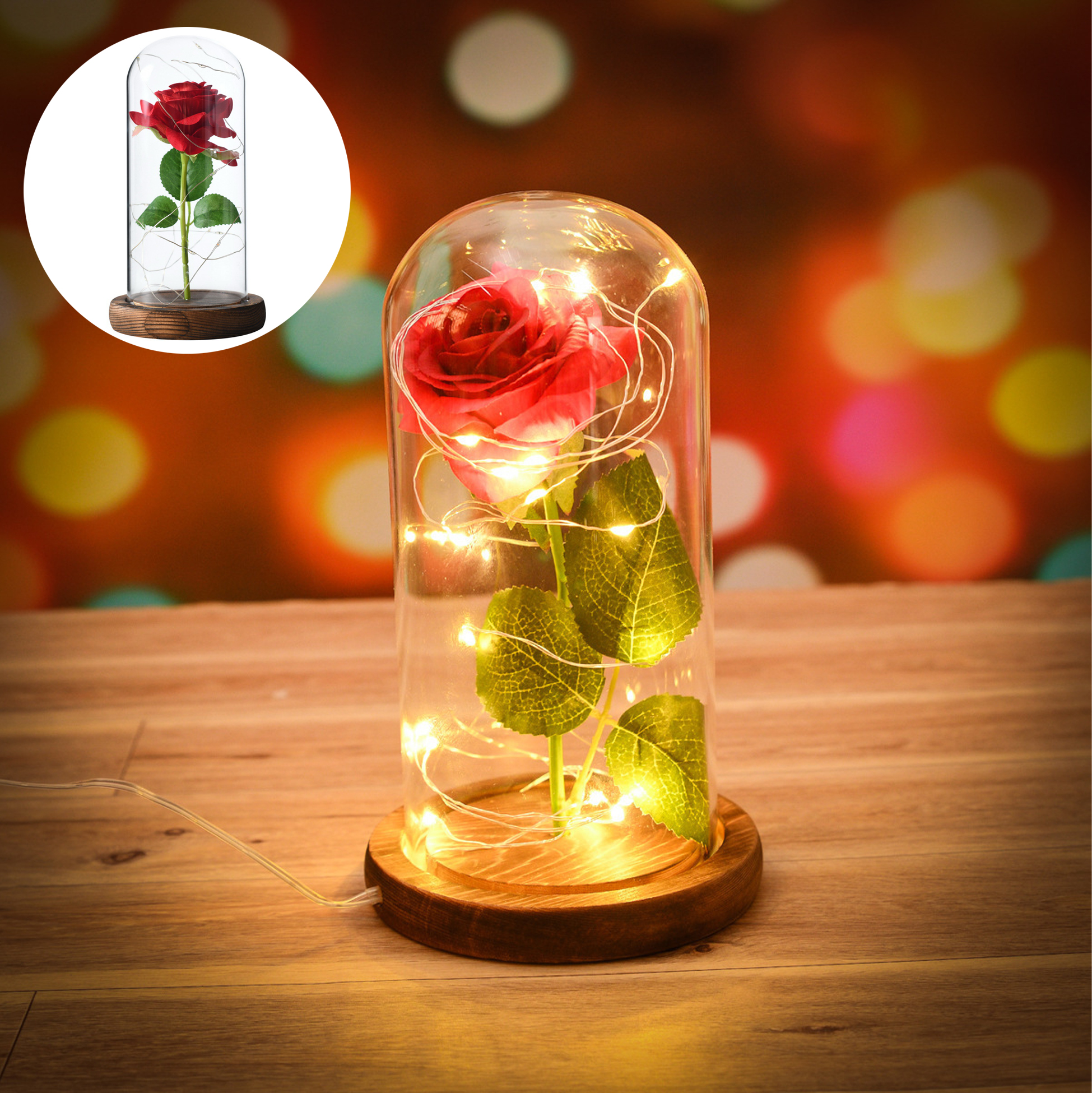Preserved Red Rose in Glass Dome with LED Lights