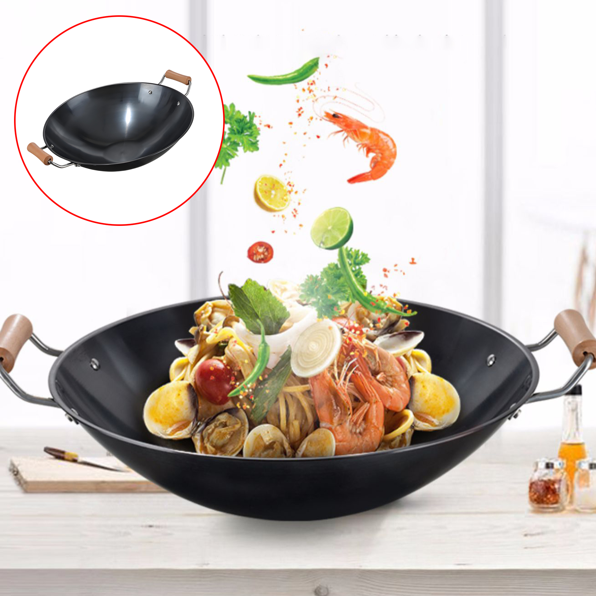 Iron Wok with Wooden Handles