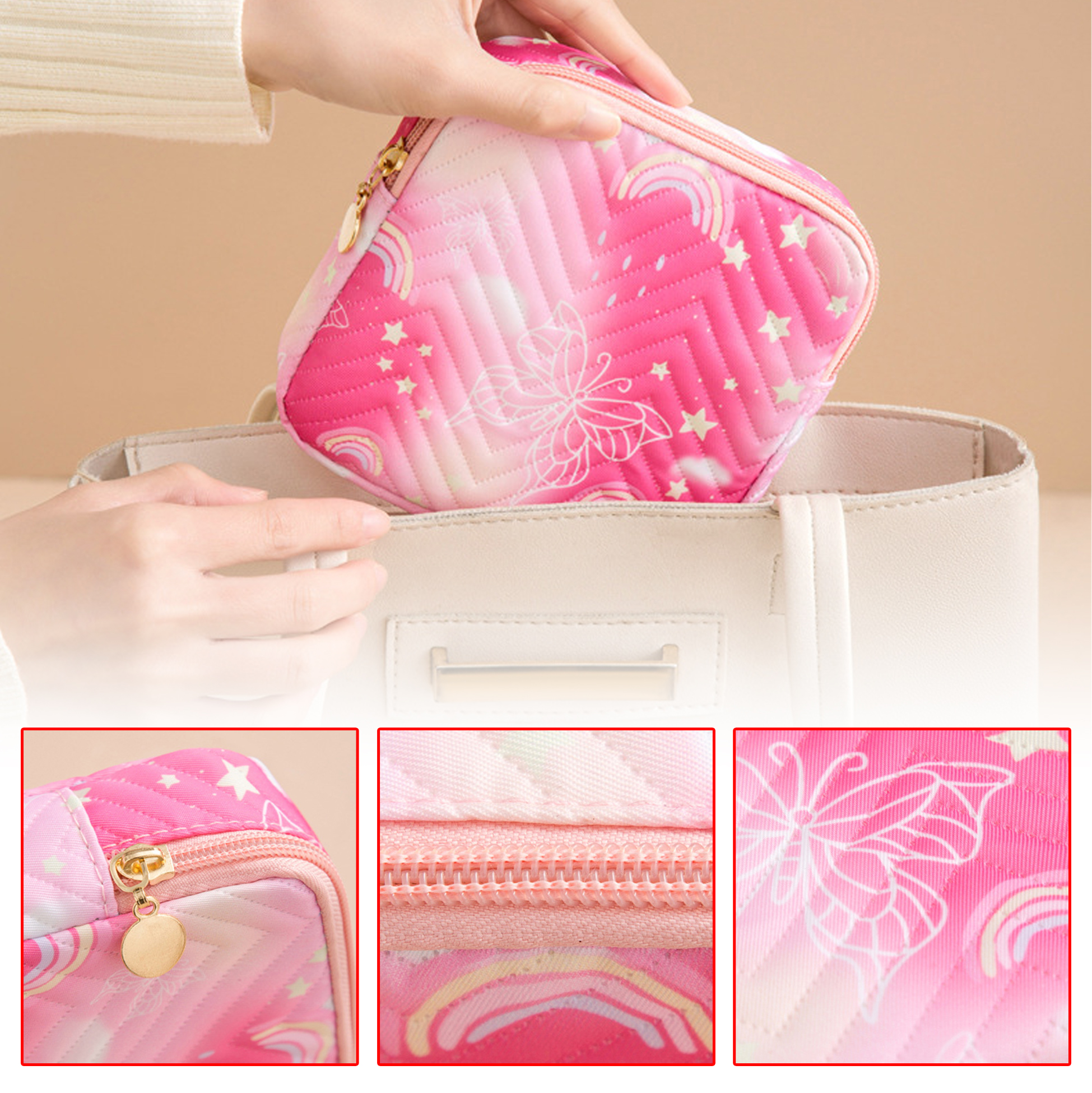 Pink Butterfly - Printed Quilted Makeup Bag