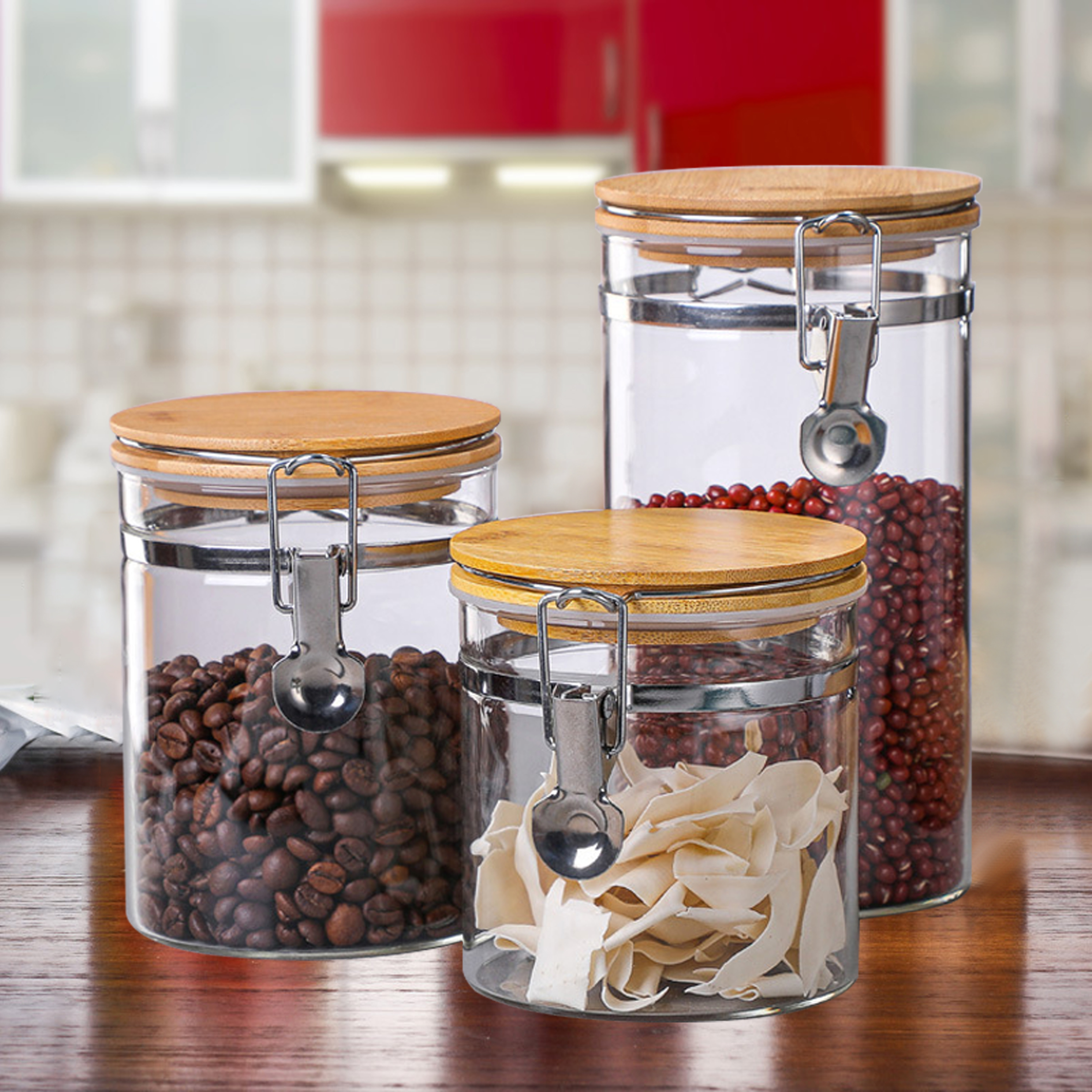 Airtight Bamboo Lid Glass Storage Jars for Home Use