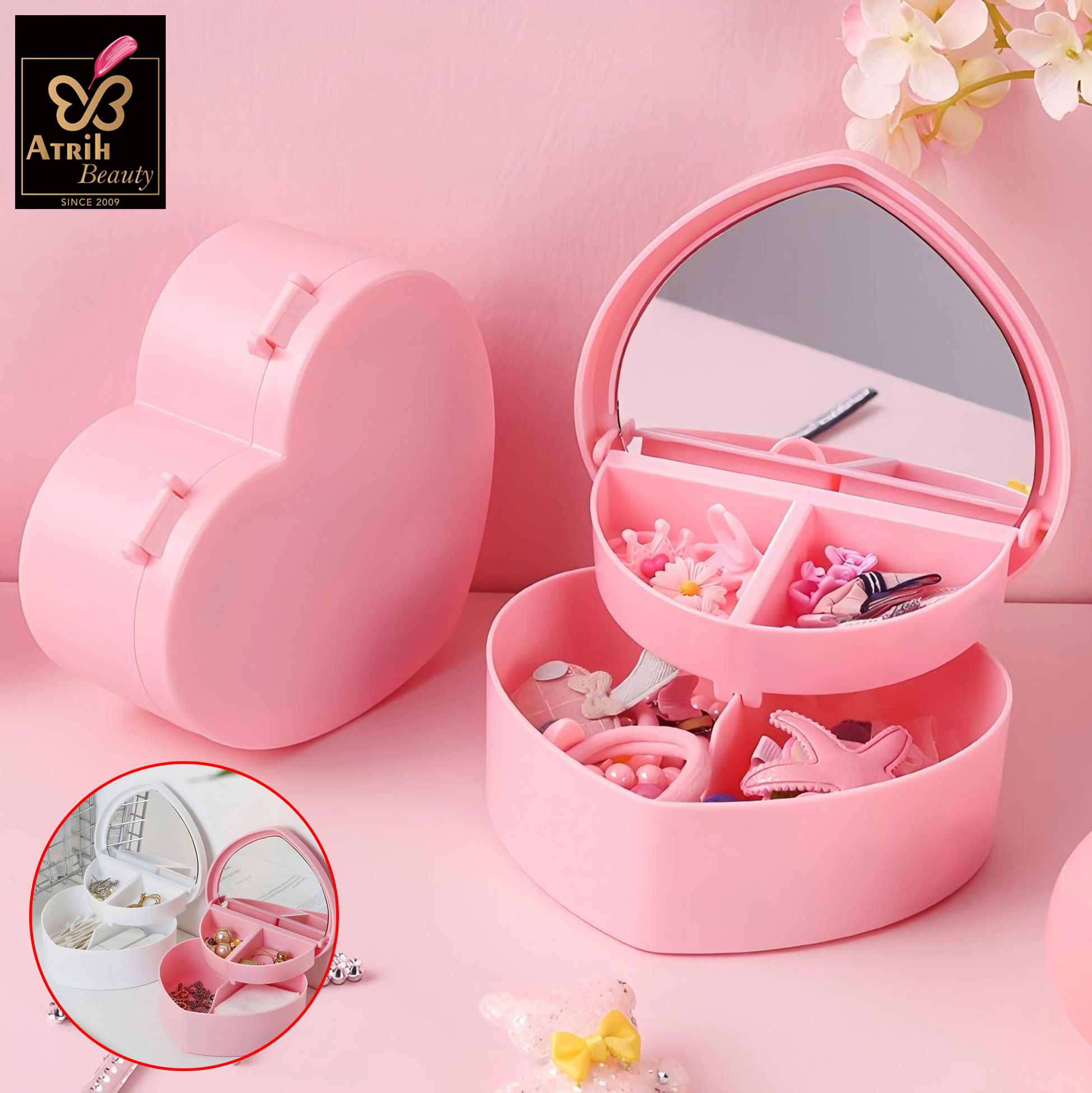 Heart Shaped Pink Jewelry Organizer with Mirror