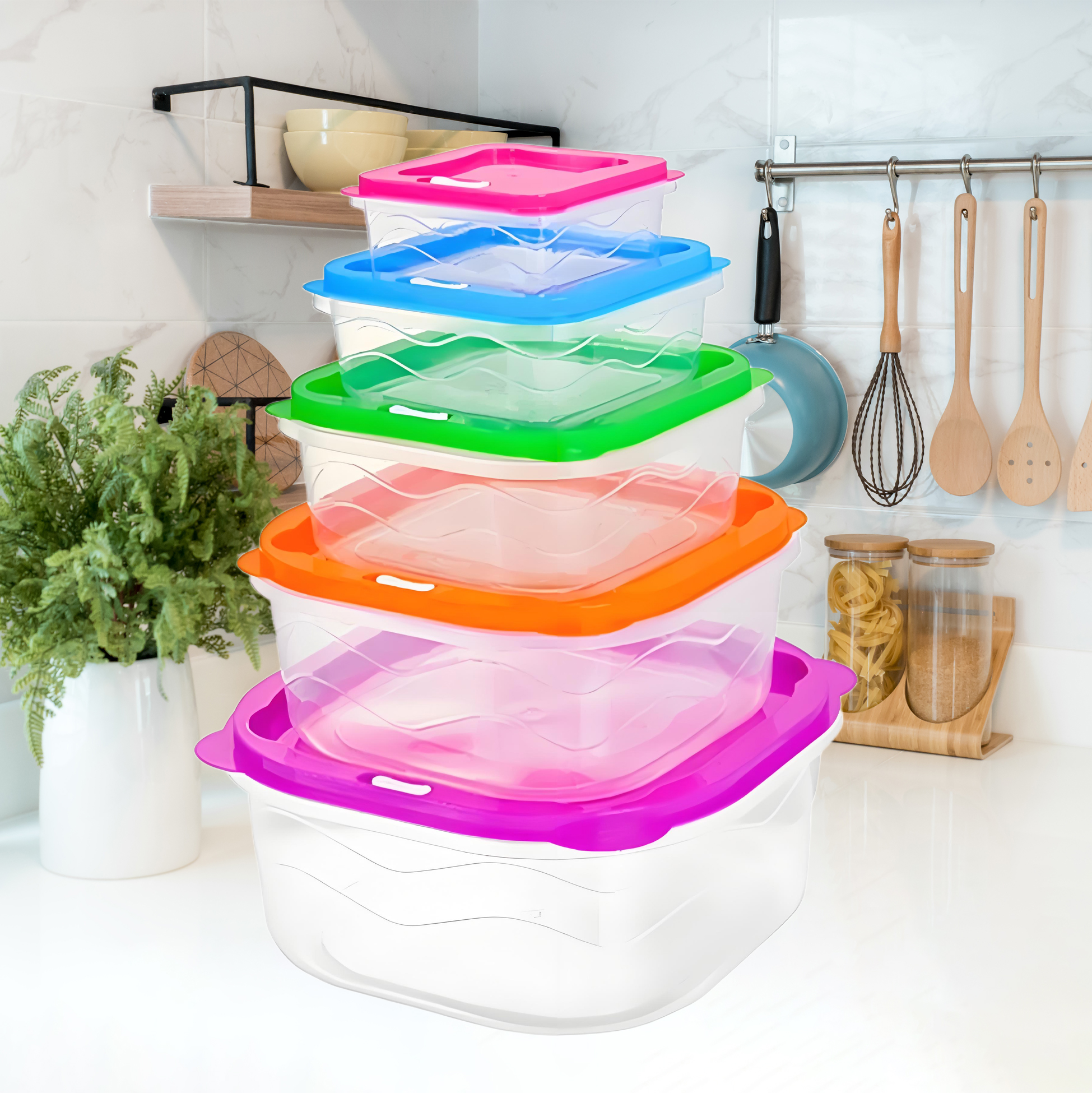 5 Piece Plastic Food Storage Bowl Set with Colorful Lids