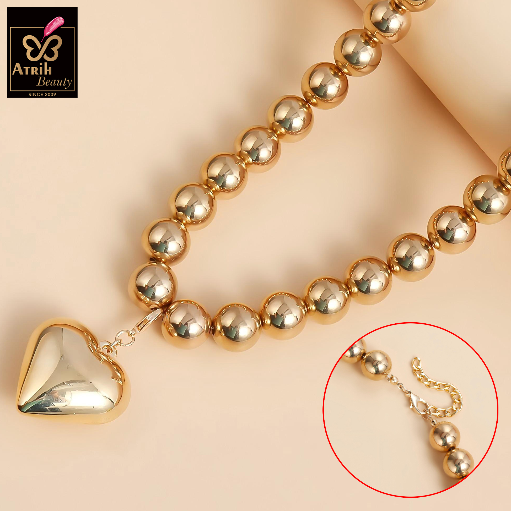Gold Tone Beaded Choker Necklace with Heart Pendant