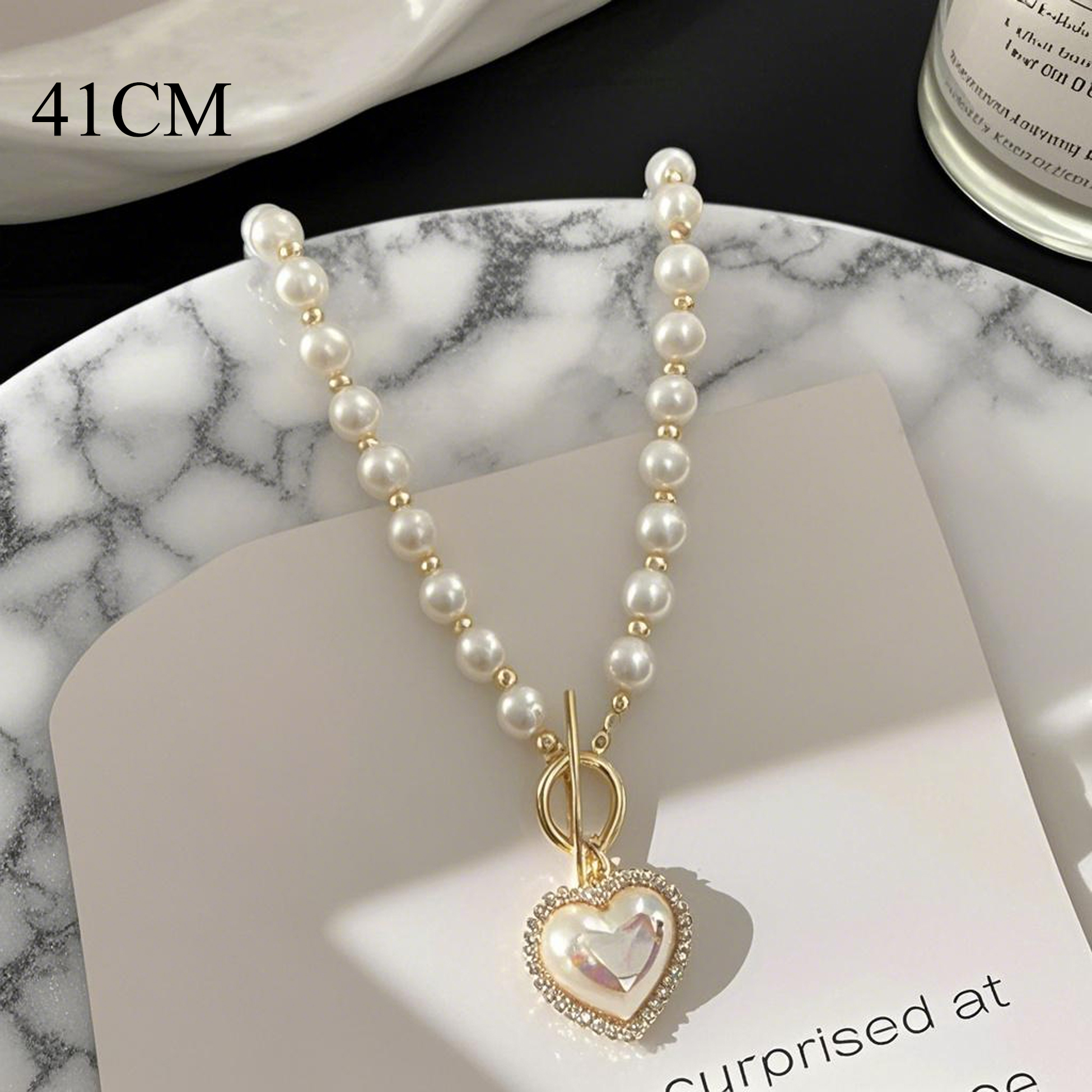Gold Tone Heart-Shaped Pearl Necklace
