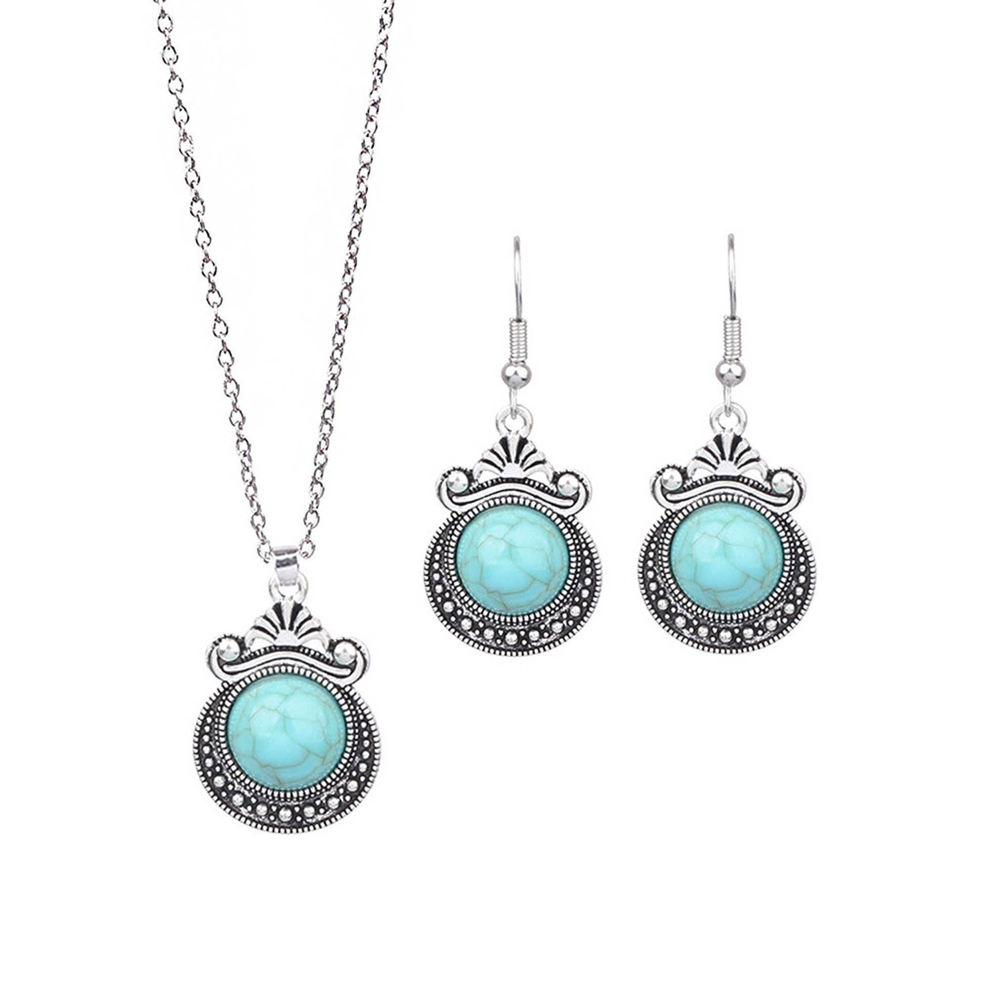 Turquoise - Adorned Silver-Toned Jewelry Set