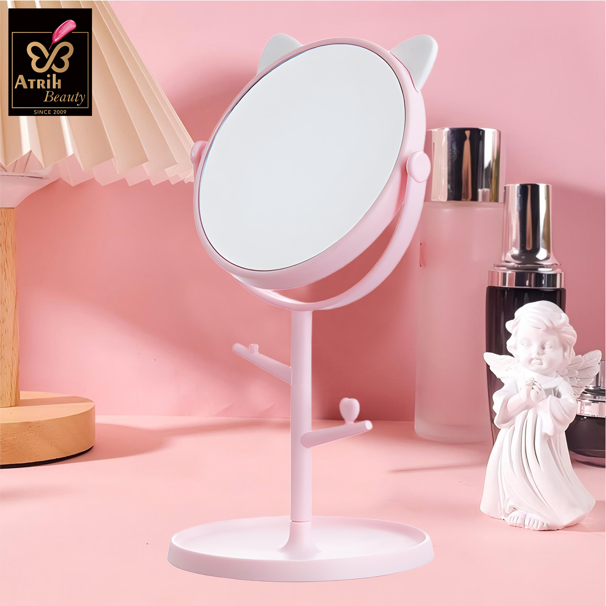 Pink Cat Inspired Desktop Makeup Mirror with Storage Hooks