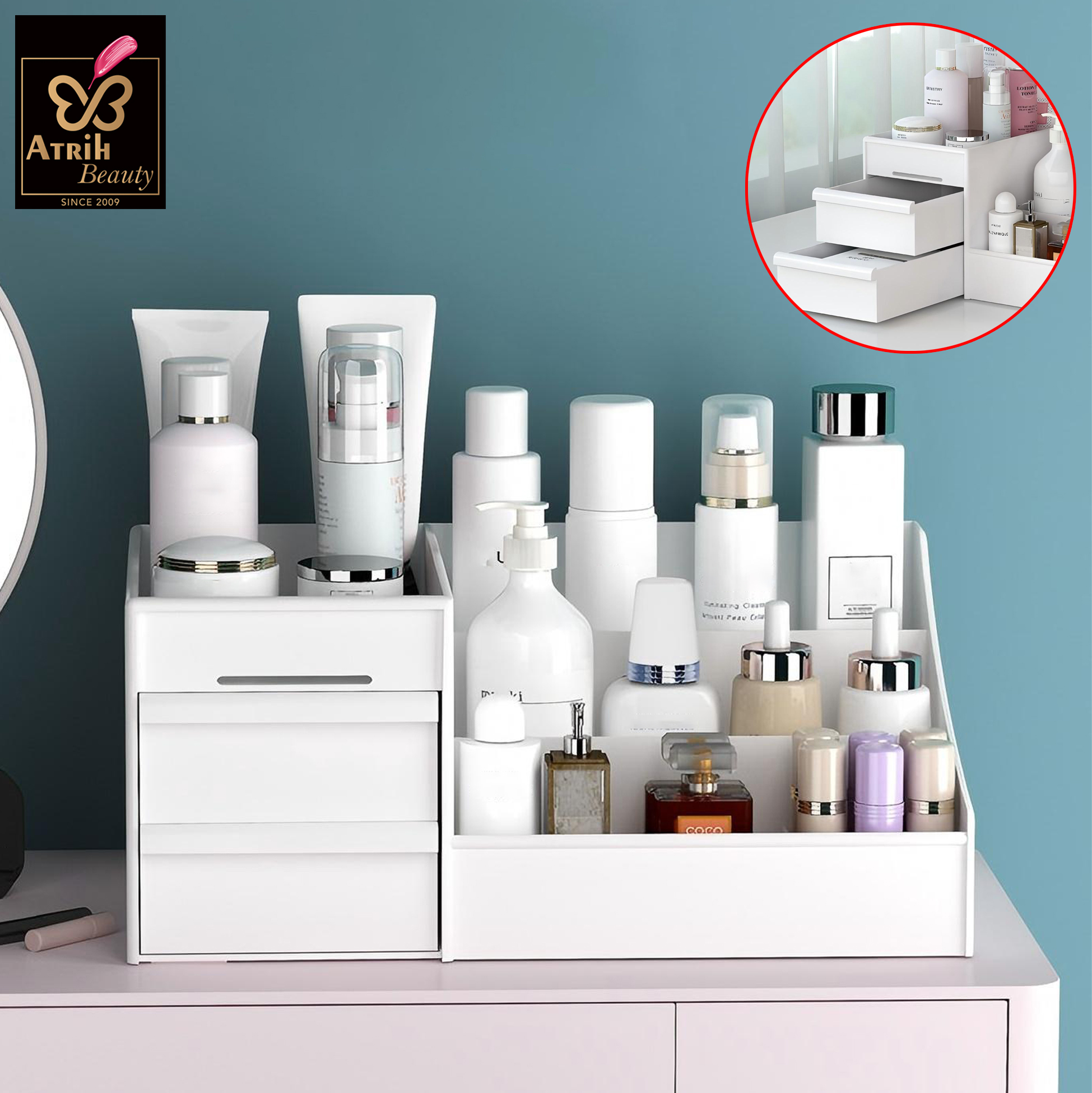 White Multi Compartment Cosmetic Organizer with Drawers