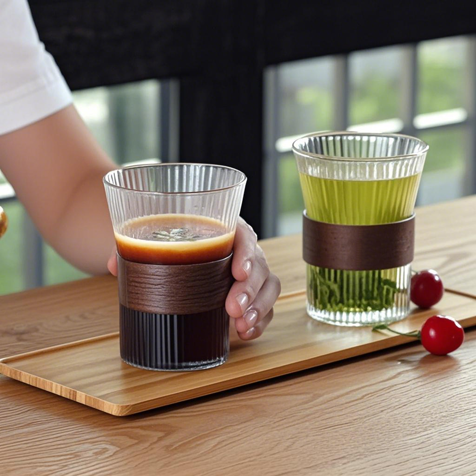 400ML Ribbed Glass Cup with Wooden Band