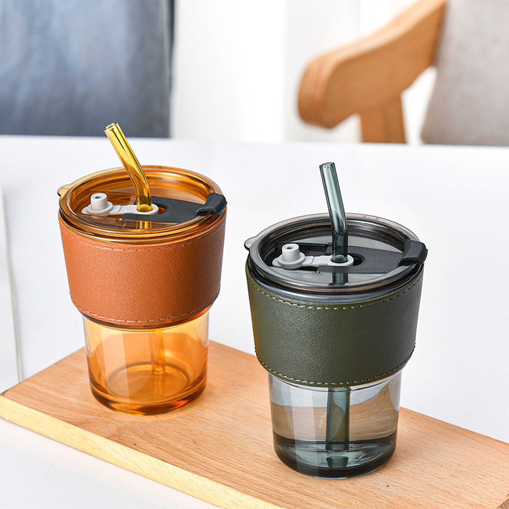 400ML Glass Tumbler with Leather Sleeve and Straw