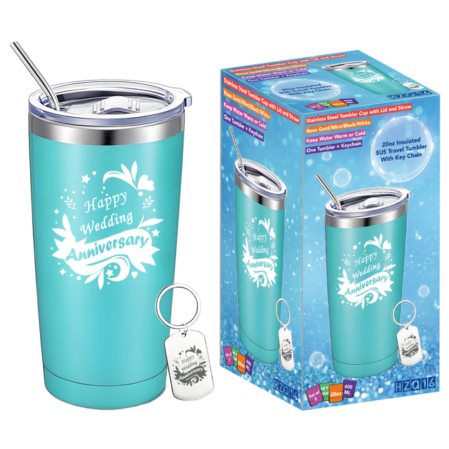 "Happy Wedding Anniversary" Stainless Steel Tumbler & Keychain Set