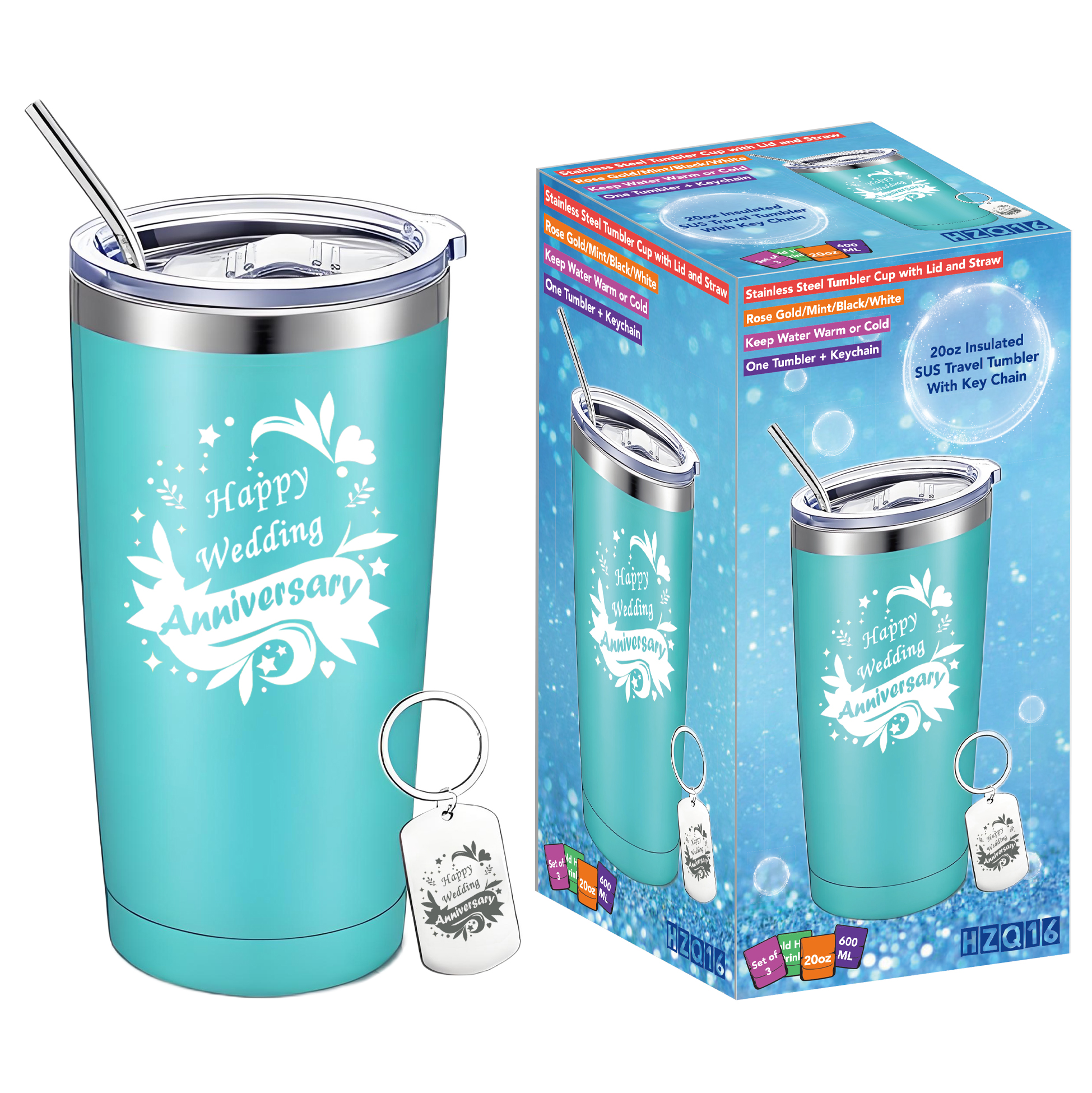 "Happy Wedding Anniversary" Stainless Steel Tumbler & Keychain Set