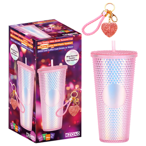 Rhinestone Studded Pink Tumbler Set with Heart Keychain