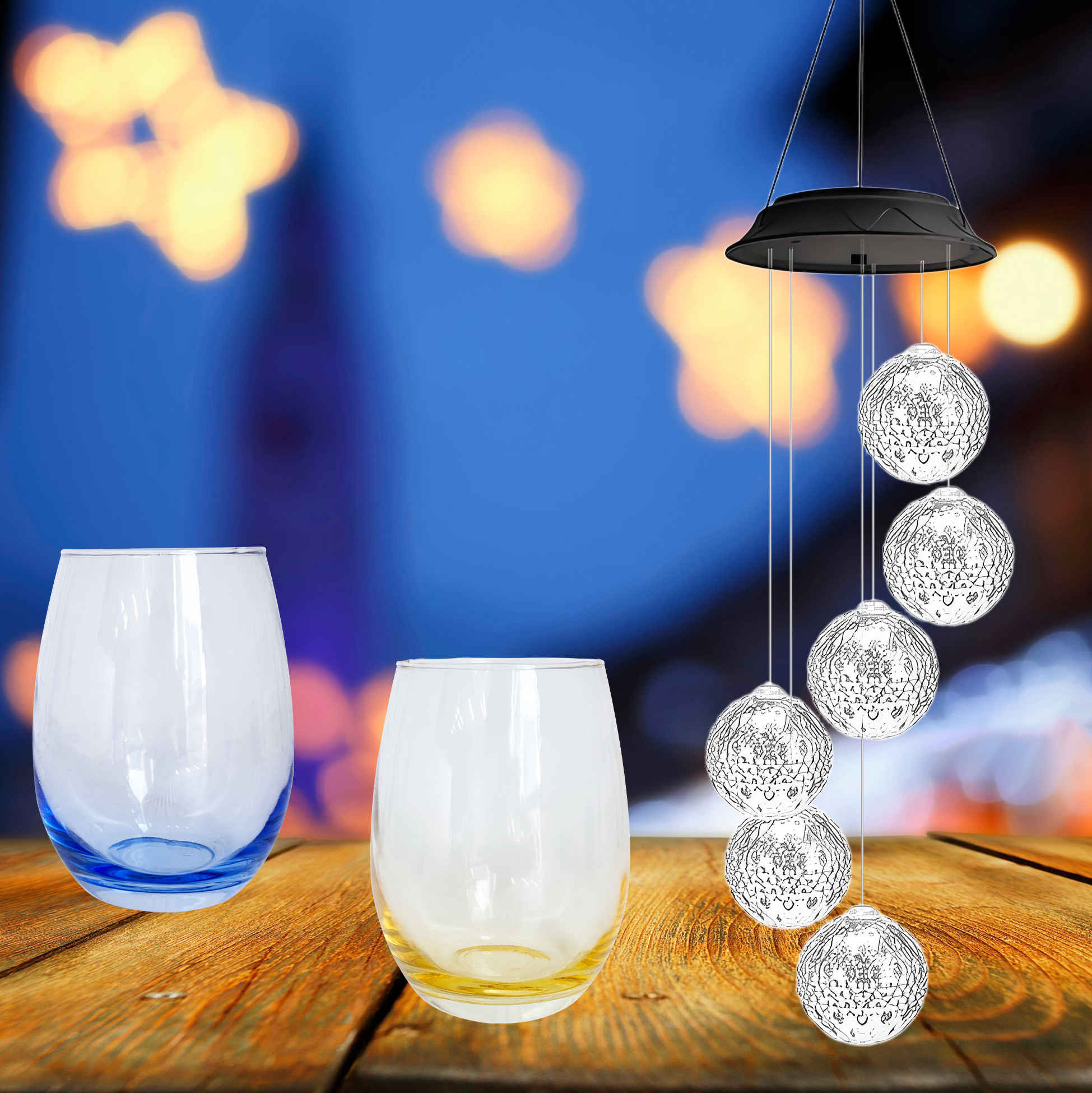 Romantic Globe Wind Chime & Color Tinted Wine Glass Set