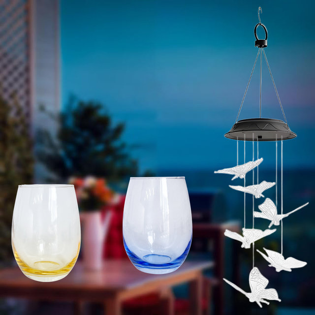 Butterfly Wind Chime & Color Tinted Wine Glass Set