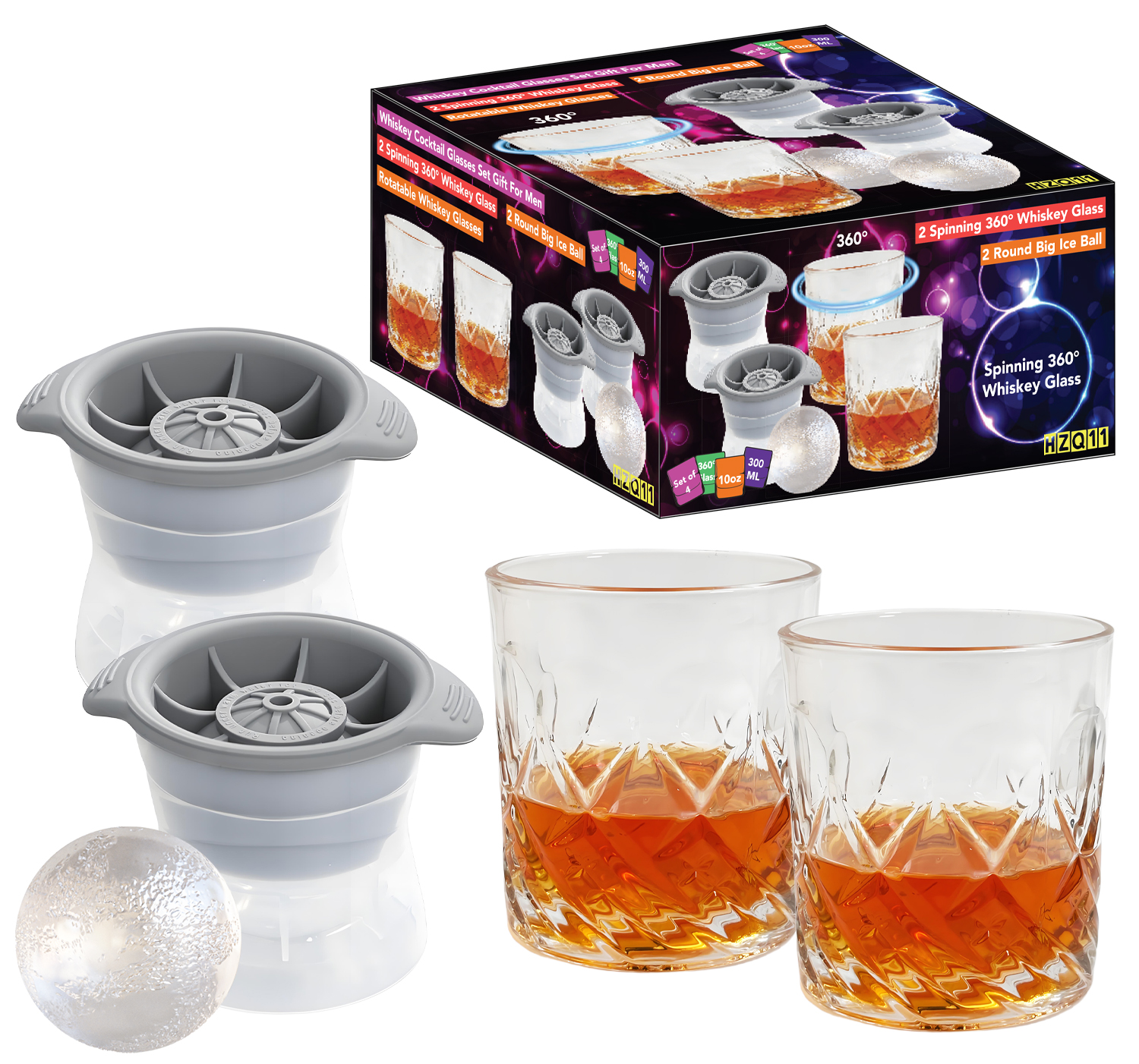 2 Spherical Ice Molds + 2 Whiskey Glasses