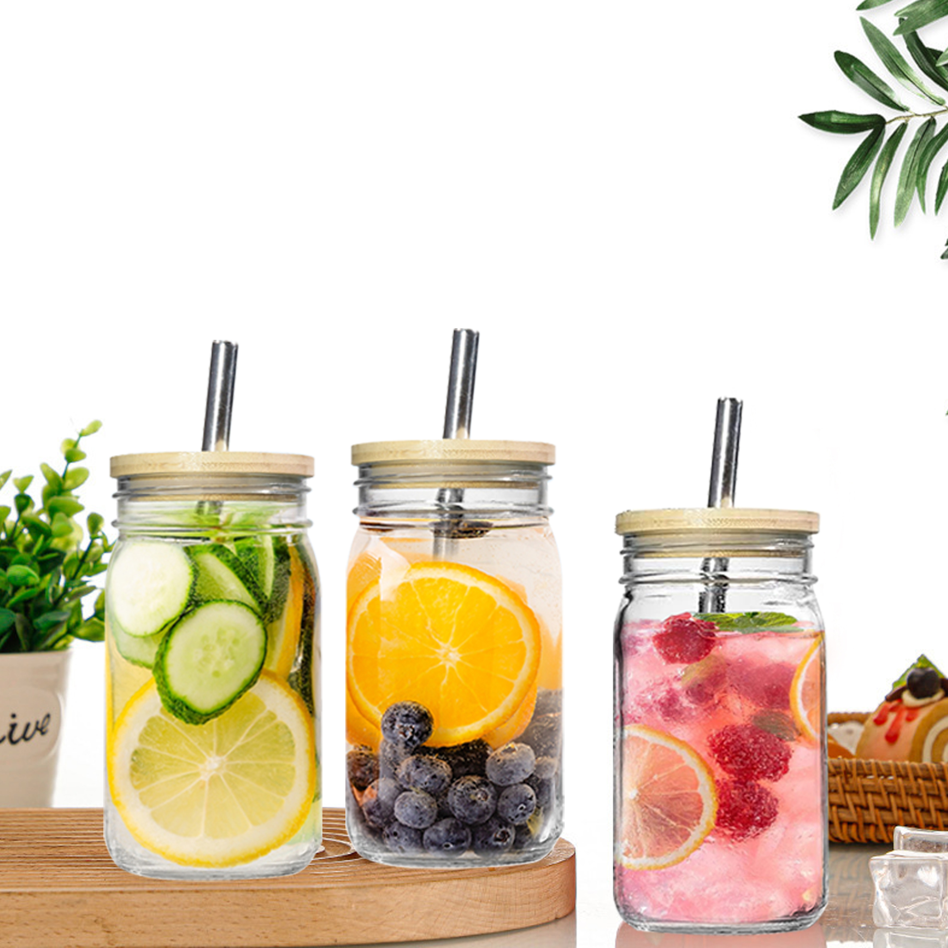 Set of 8 Mason Jar Style Glass SUS Straw with Bamboo & Tin Lids