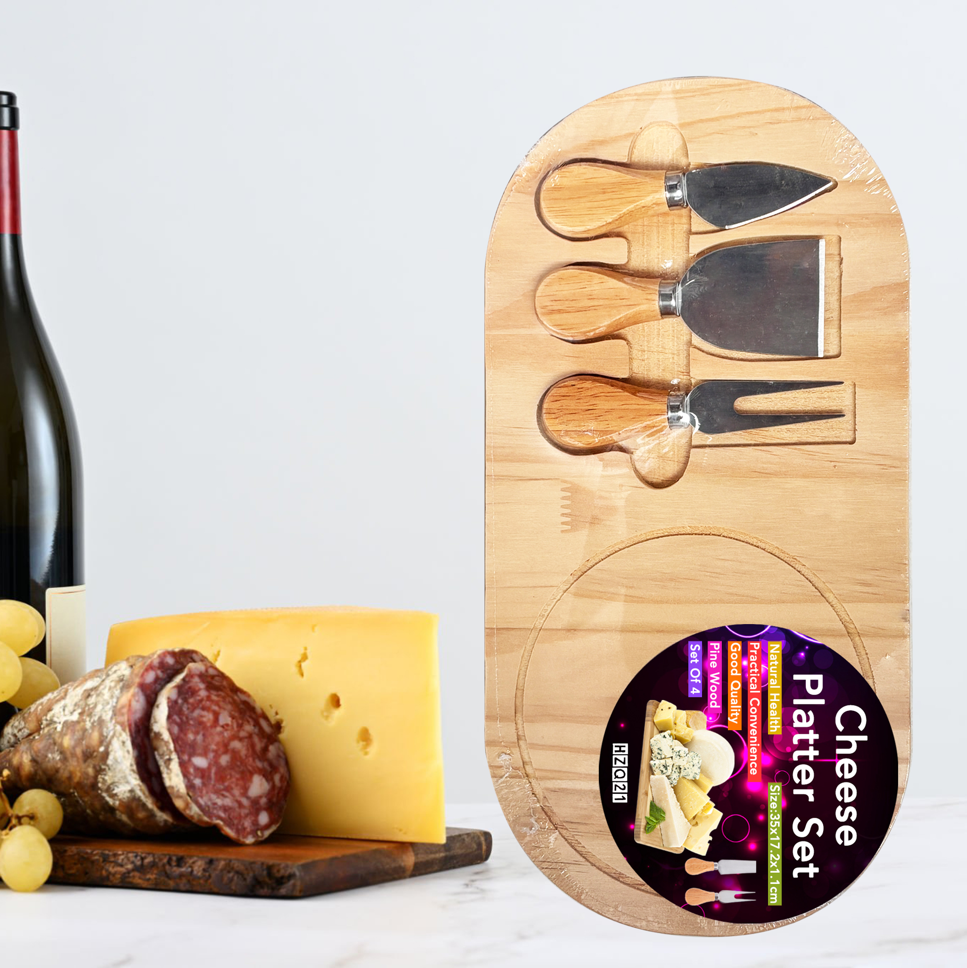 Oval Wooden Cheese Board Set with 3 Tools
