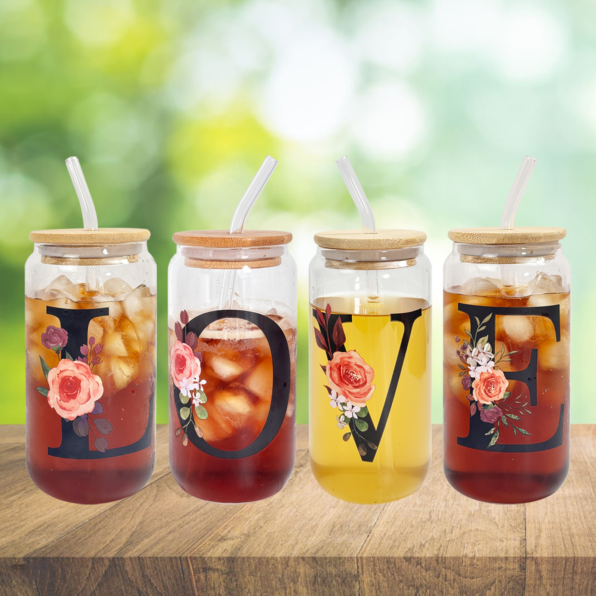 "LOVE" Floral Glass Tumbler Set with Bamboo Lids & Straws