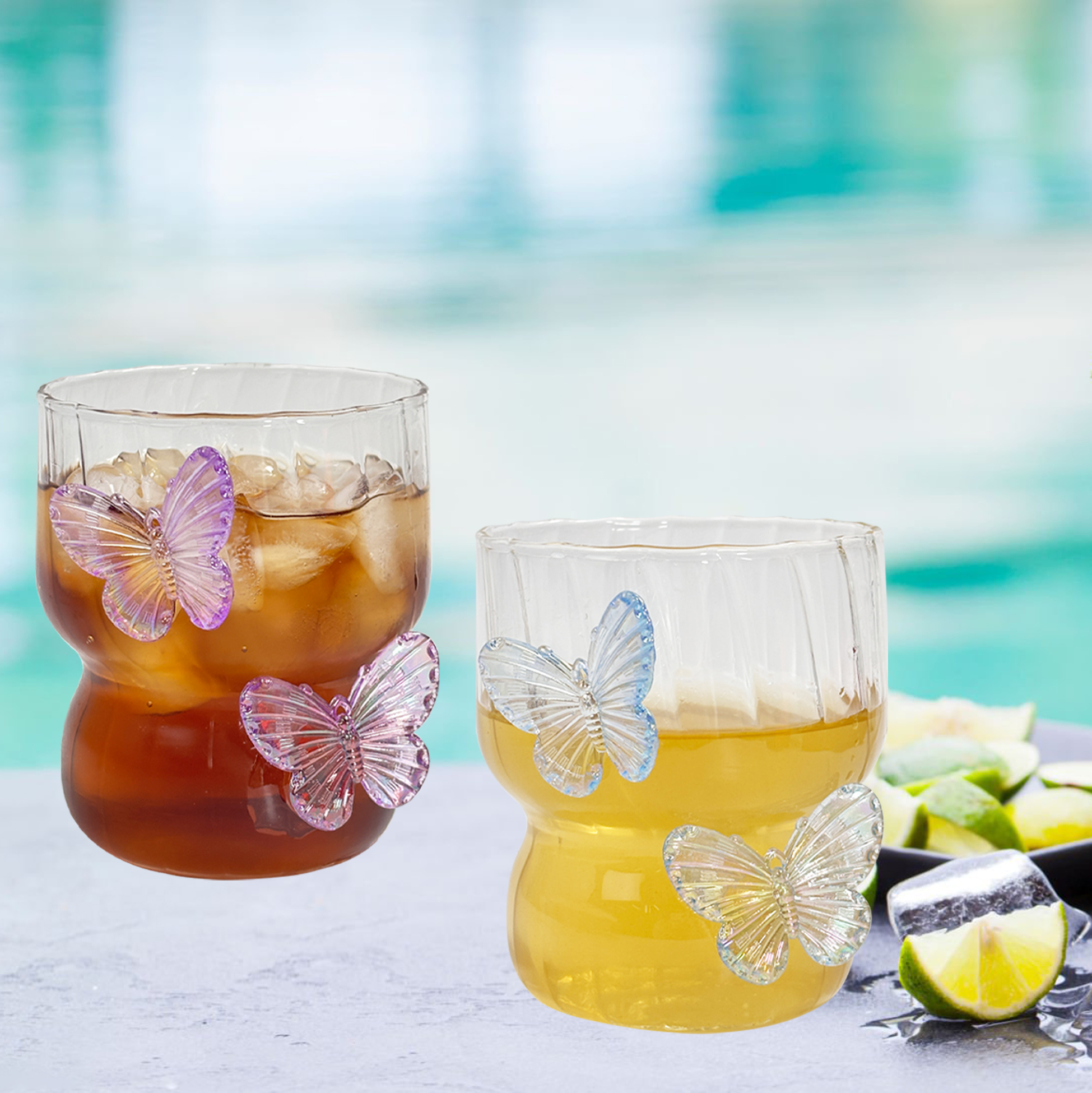 Butterfly Decorated Ribbed Glass Tumbler Set