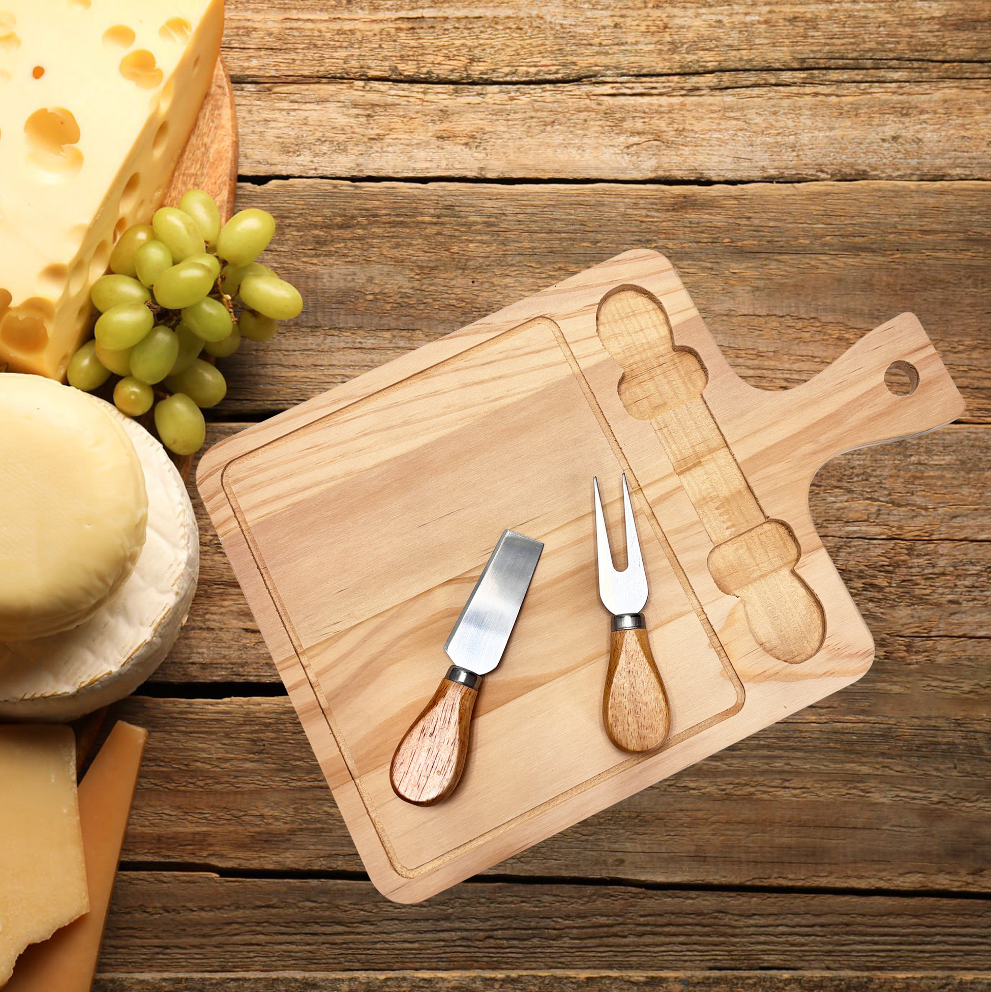 Natural Pine Wood Cheese Platter Set with Tools