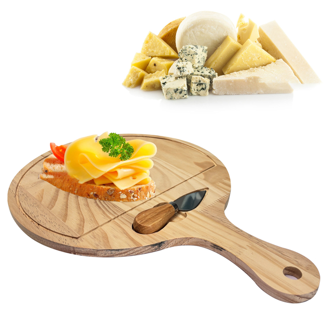 Round Wooden Cheese Board with Integrated Knife