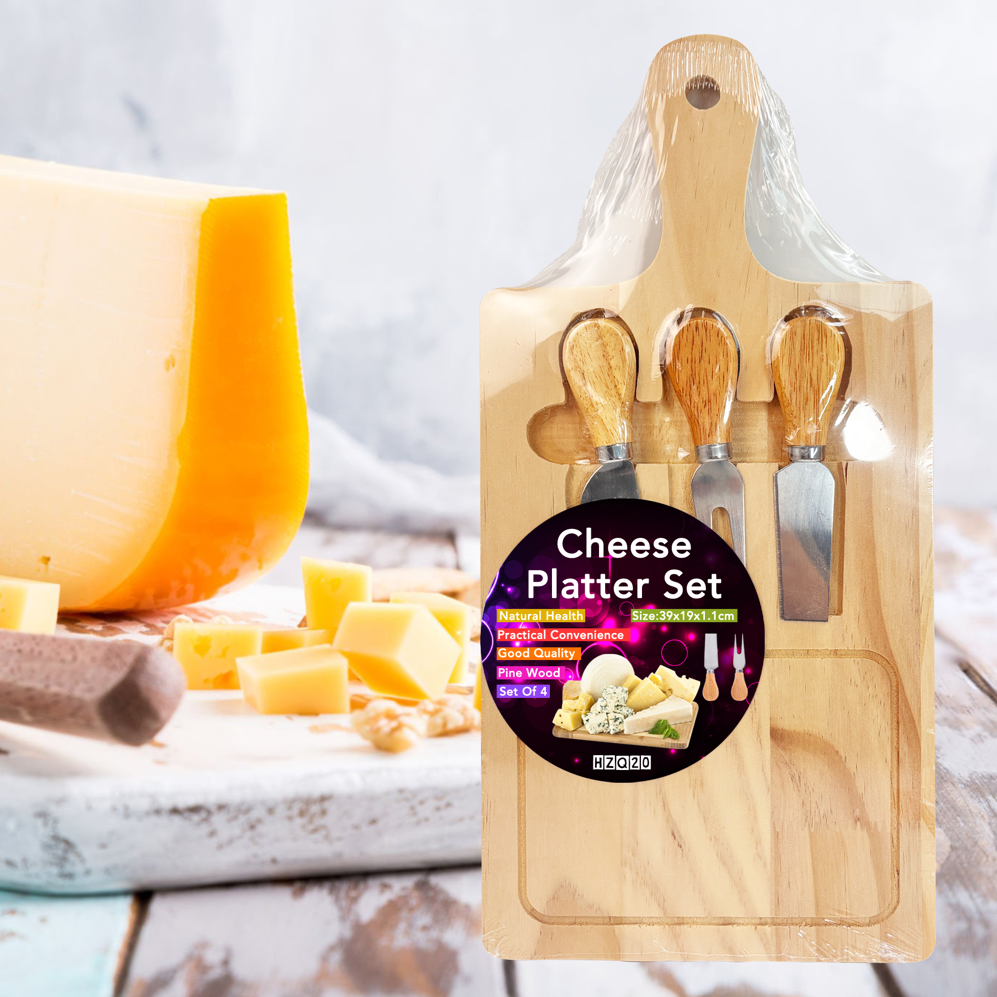 Wooden Cheese Board Set with 3 Tools