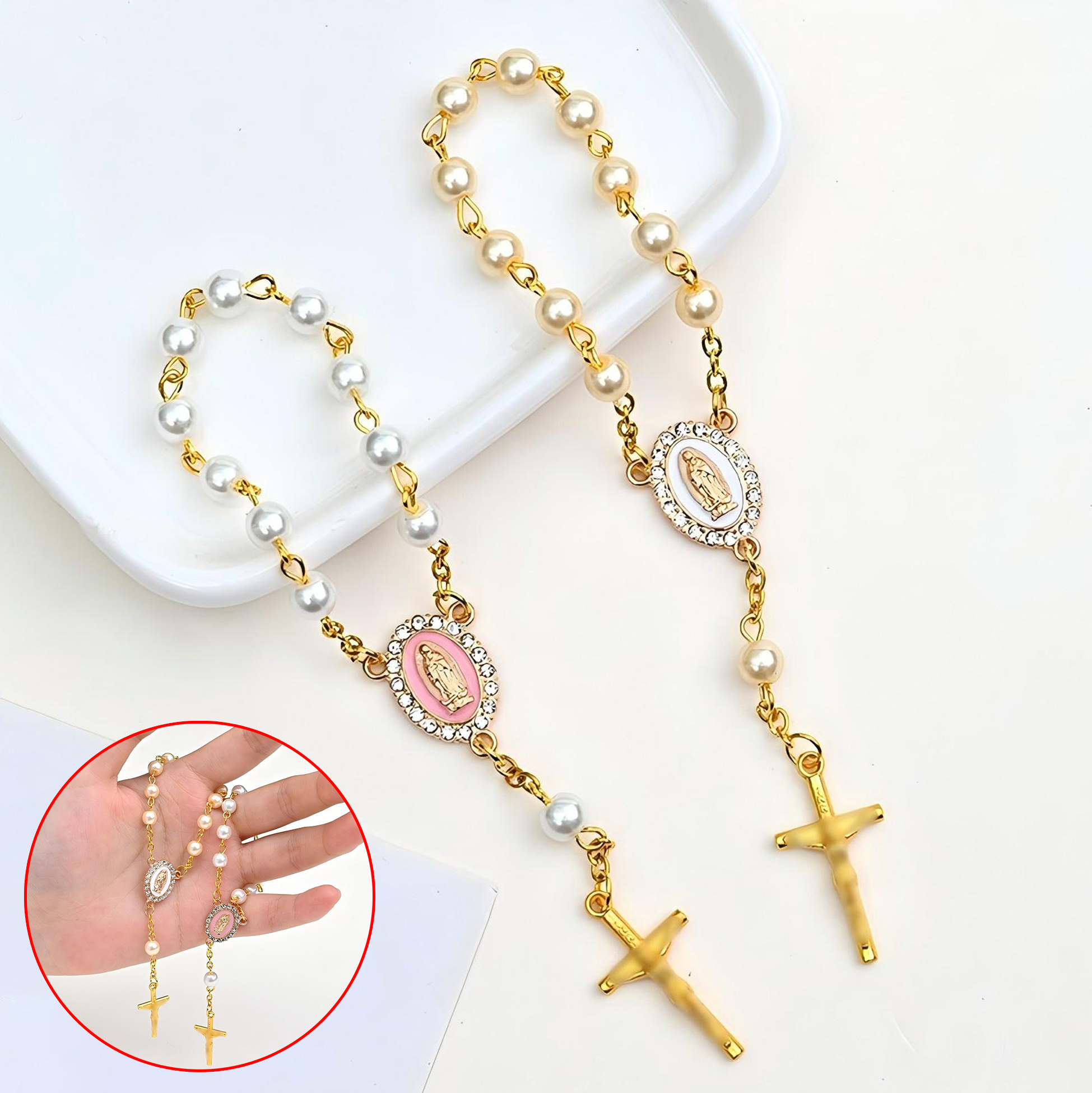 Pearl-Beaded Rosary Bracelet with Virgin Mary & Cross