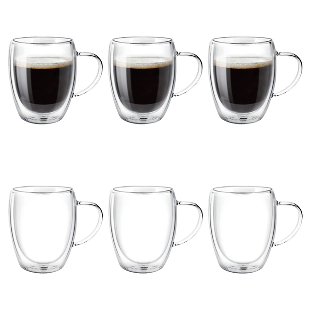 6 Pcs Double Wall Clear Glass Coffee Mug With Handle