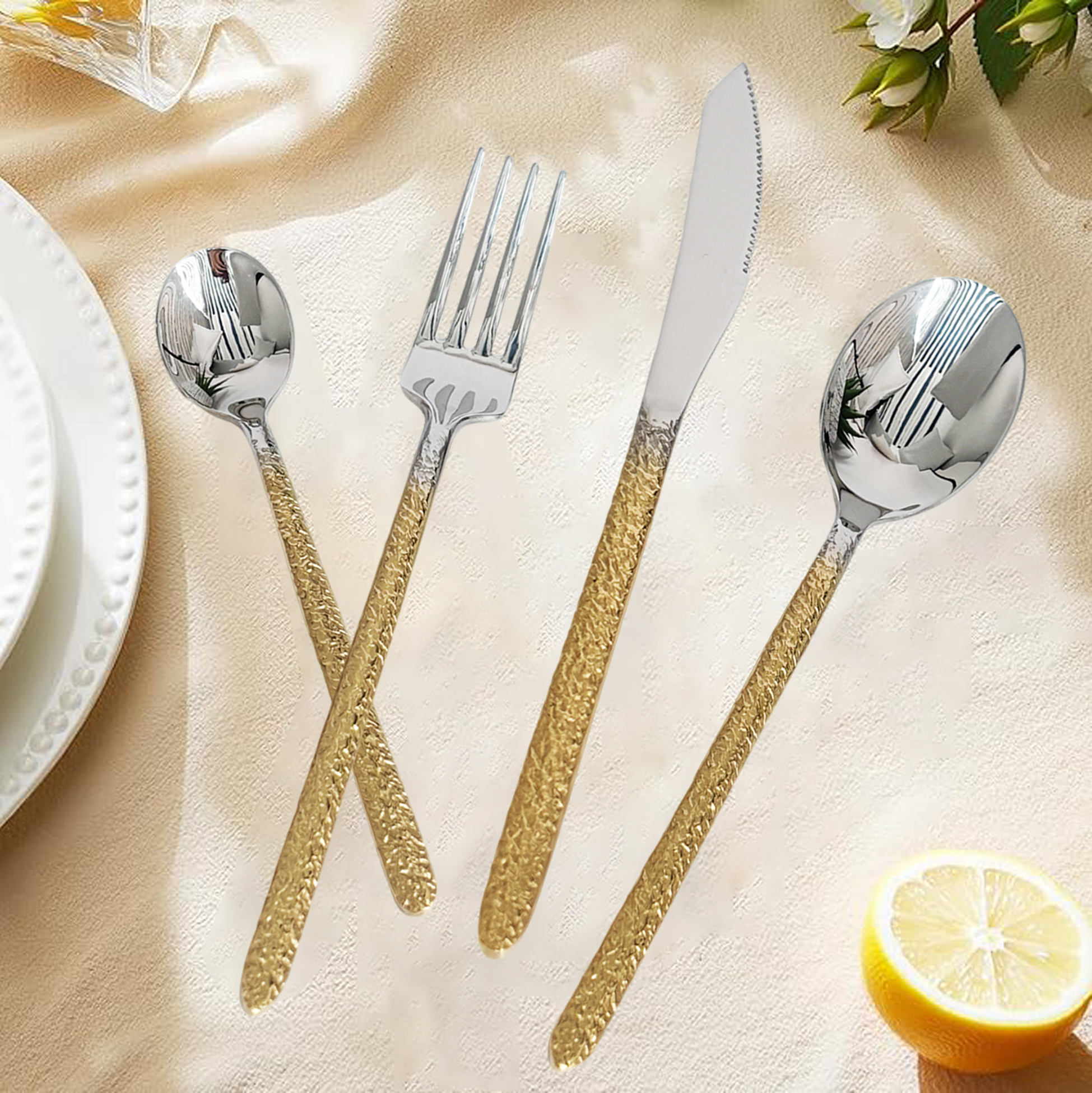 24-Piece Gold-Textured Handle Cutlery Set
