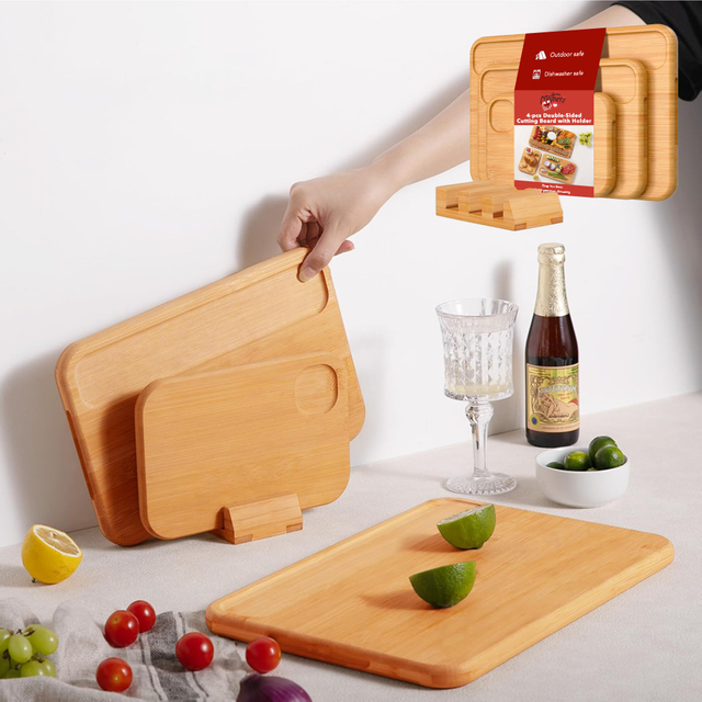 4-piece Double-sided Bamboo Cutting Board Set Bamboo Cutting Board with Storage Holder